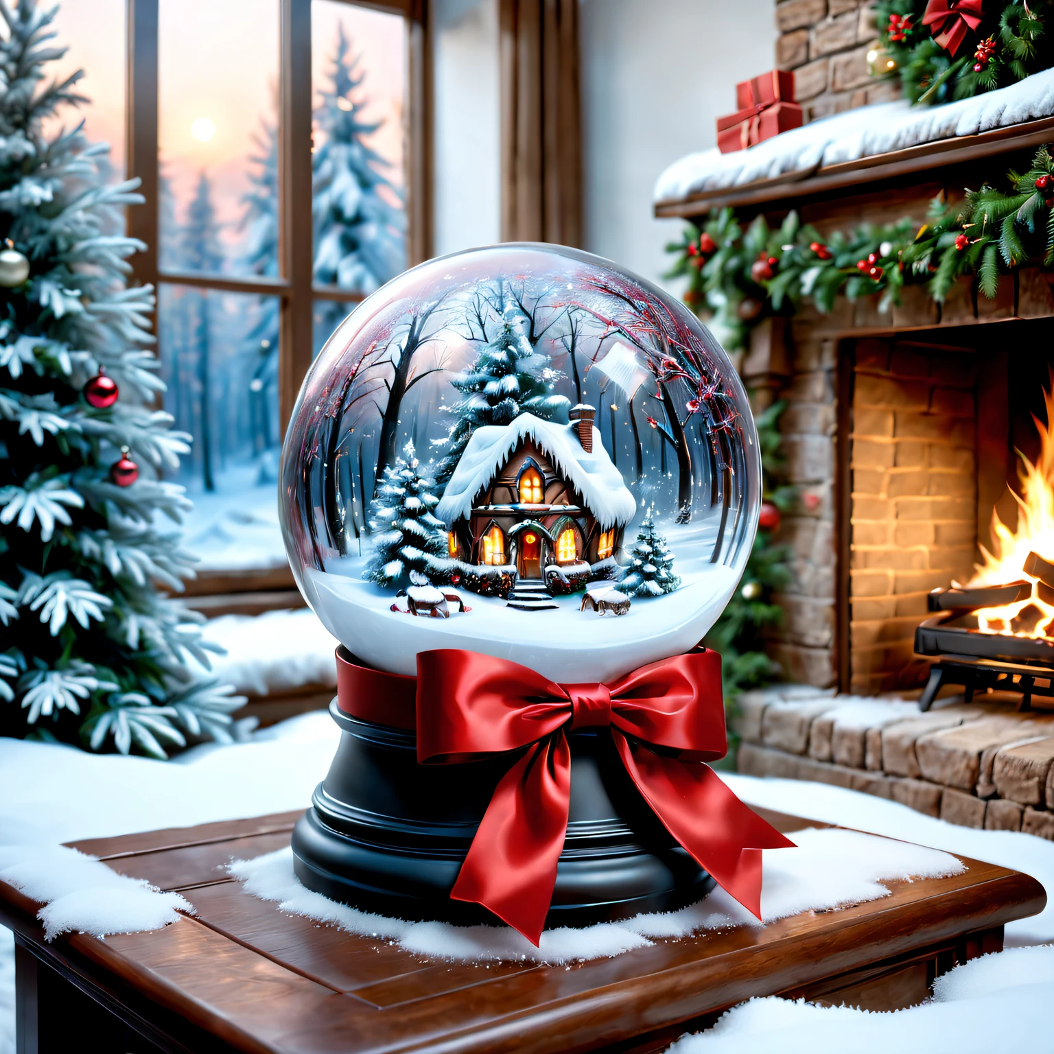 Christmas gifts: crystal sphere, Sparkling snowflakes, magical ambiance, glowing lamps, Mysterious visions, Charming winter scenery, exquisitedetails, snow white forest, Cozy fireplace, shimmering dress, Twinkling stars, The base is decorated with a red bow, Joyful anticipation, etherealglow, festive decorations, Holiday spirit, Fantastic environment, Whisper a blessing, surreal charm, Enchanting magic, A whimsical wonderland, Icy breath, Heartwarming surprise, Sparkling ornaments, charming reflection, Fantastic creatures, Peace and quiet, Precious memories, bedazzled , holiday cheer, sparkling crystals, flickering eyes, flashing snow, sparkling trees, Joyful laughter, delicate snowflakes, sparkling joy, winter charm. (Best quality at best,4K,8K,A high resolution,tmasterpiece:1.2),ultra - detailed,(actual,photoactual,photo-actual:1.37), HighDynamicRange, hyper HD, Studio lighting, vivd colour.