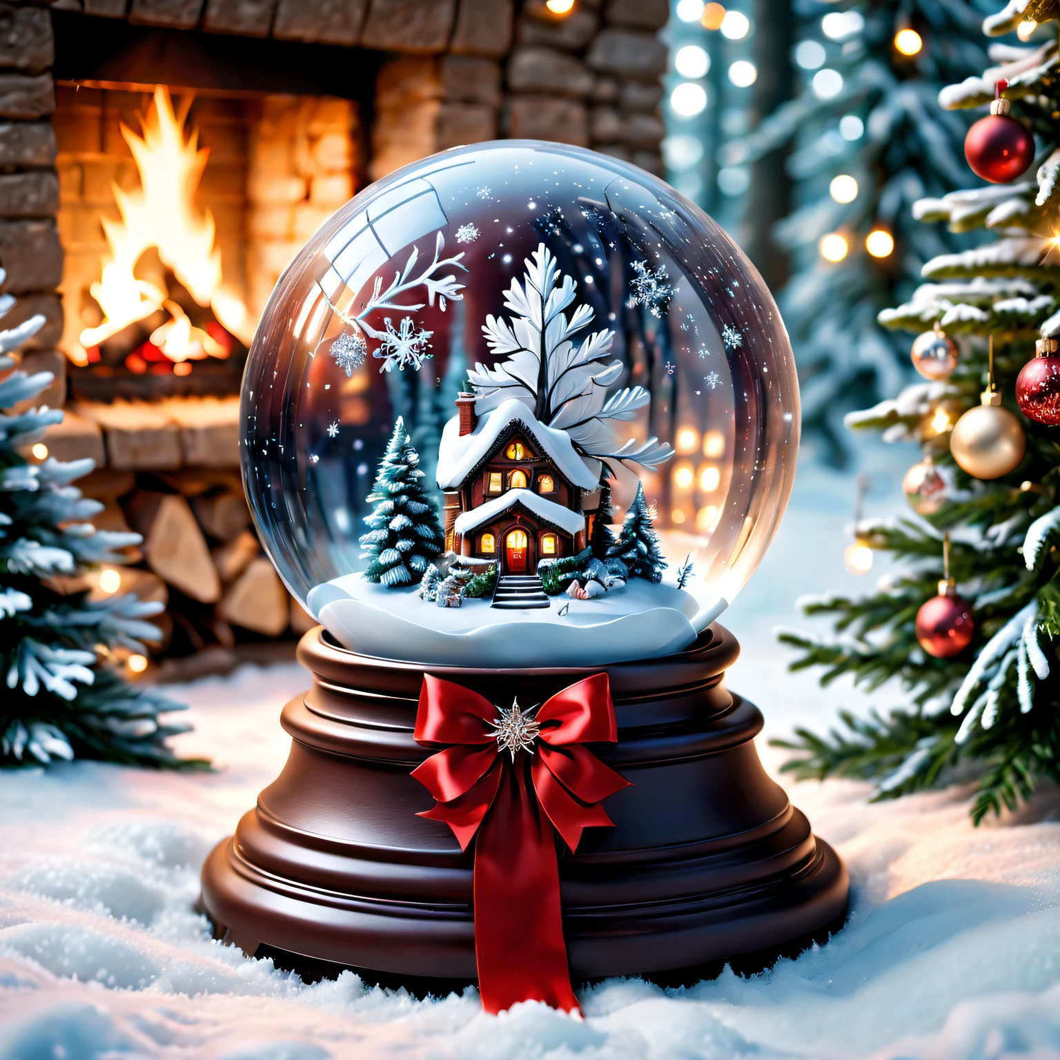 Christmas gifts: crystal sphere, Sparkling snowflakes, magical ambiance, glowing lamps, Mysterious visions, Charming winter scenery, exquisitedetails, snow white forest, Cozy fireplace, shimmering dress, Twinkling stars, The base is decorated with a red bow, Joyful anticipation, etherealglow, festive decorations, Holiday spirit, Fantastic environment, Whisper a blessing, surreal charm, Enchanting magic, A whimsical wonderland, Icy breath, Heartwarming surprise, Sparkling ornaments, charming reflection, Fantastic creatures, Peace and quiet, Precious memories, bedazzled , holiday cheer, sparkling crystals, flickering eyes, flashing snow, sparkling trees, Joyful laughter, delicate snowflakes, sparkling joy, winter charm. (Best quality at best,4K,8K,A high resolution,tmasterpiece:1.2),ultra - detailed,(actual,photoactual,photo-actual:1.37), HighDynamicRange, hyper HD, Studio lighting, vivd colour.