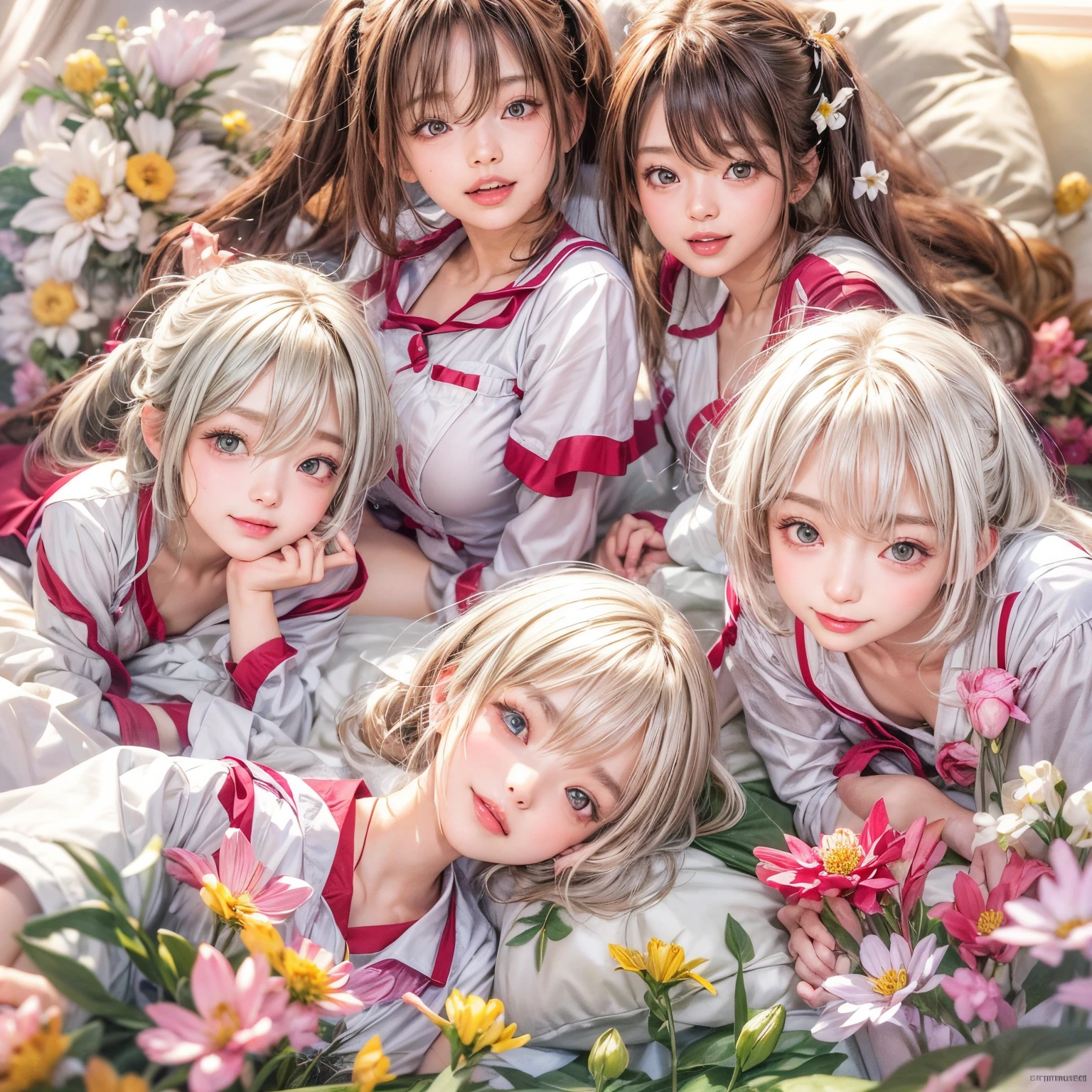 (SFW, Acutance), (Exposed:1.2), (Nipple:-0.8), (Face variations), { Swaguchi Aika | Navel | pretty Ass | Overflowing sideboob | laying back }, (((4 KAWAII girls laying on the bed ))), { laughing | evil smile | :D }, ( oiled glistening skin), (fullbody:1.2), various color hair, {short bob|bung hair|low twin tail hair|Flowers}, {flat chest|medium breasts|large breasts|huge breasts}, (Delicate School Uniform with white panties), dynamic angle,  {White| Red | gold | vivid colors }, (best quality), (masterpiece:1.2), detailed, (RAW Photograph:1.37), an extremely delicate and beautiful, (surrounded by Overflowing flowers), ( no extra limbs ) .