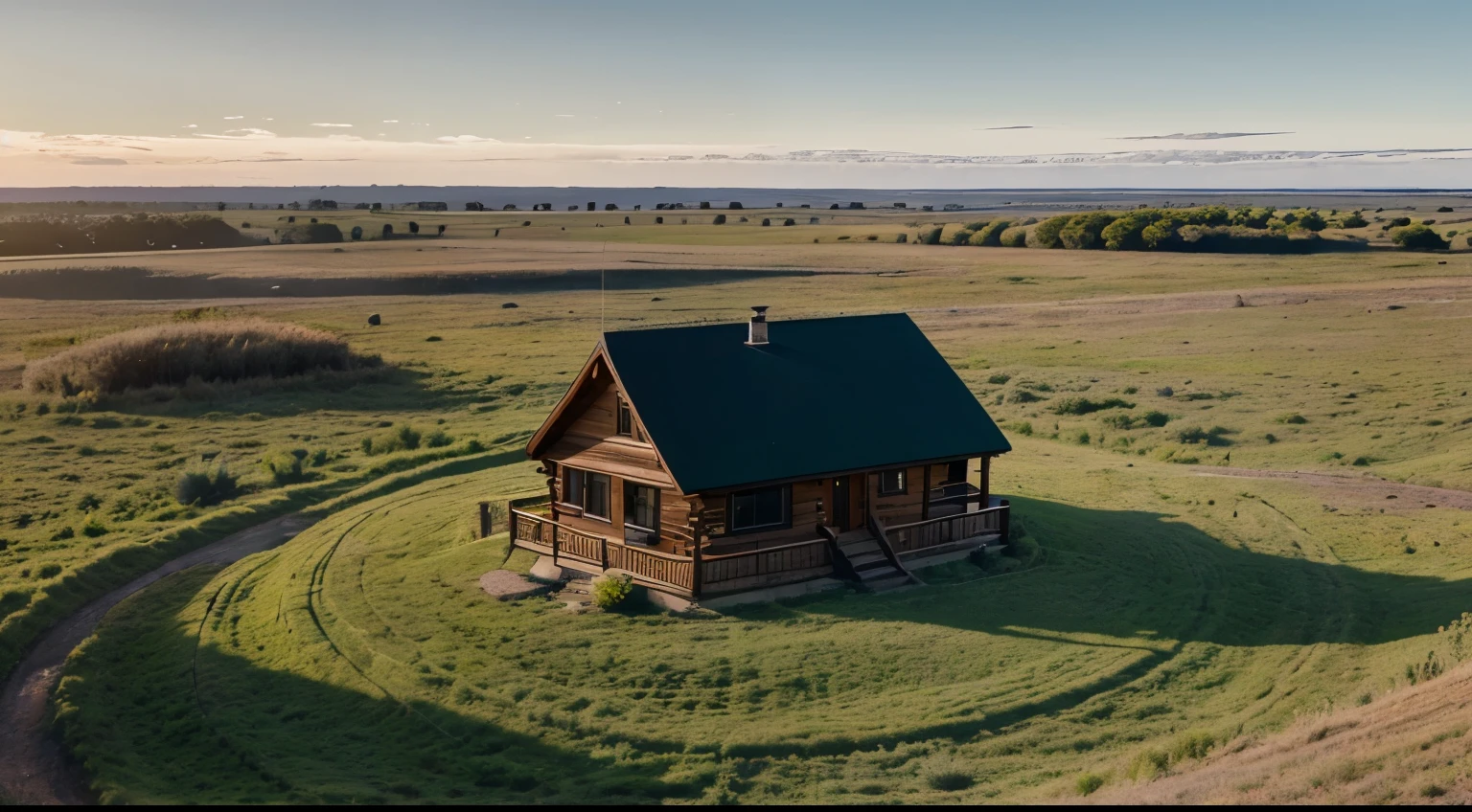 A log cottage in the middle of a vast ranch 360° horizon view, short trees Scattered with a distance from eachother and from the cottage like Savannah that the horizon can be observable easily from the cottage, a stream of water further from cottage