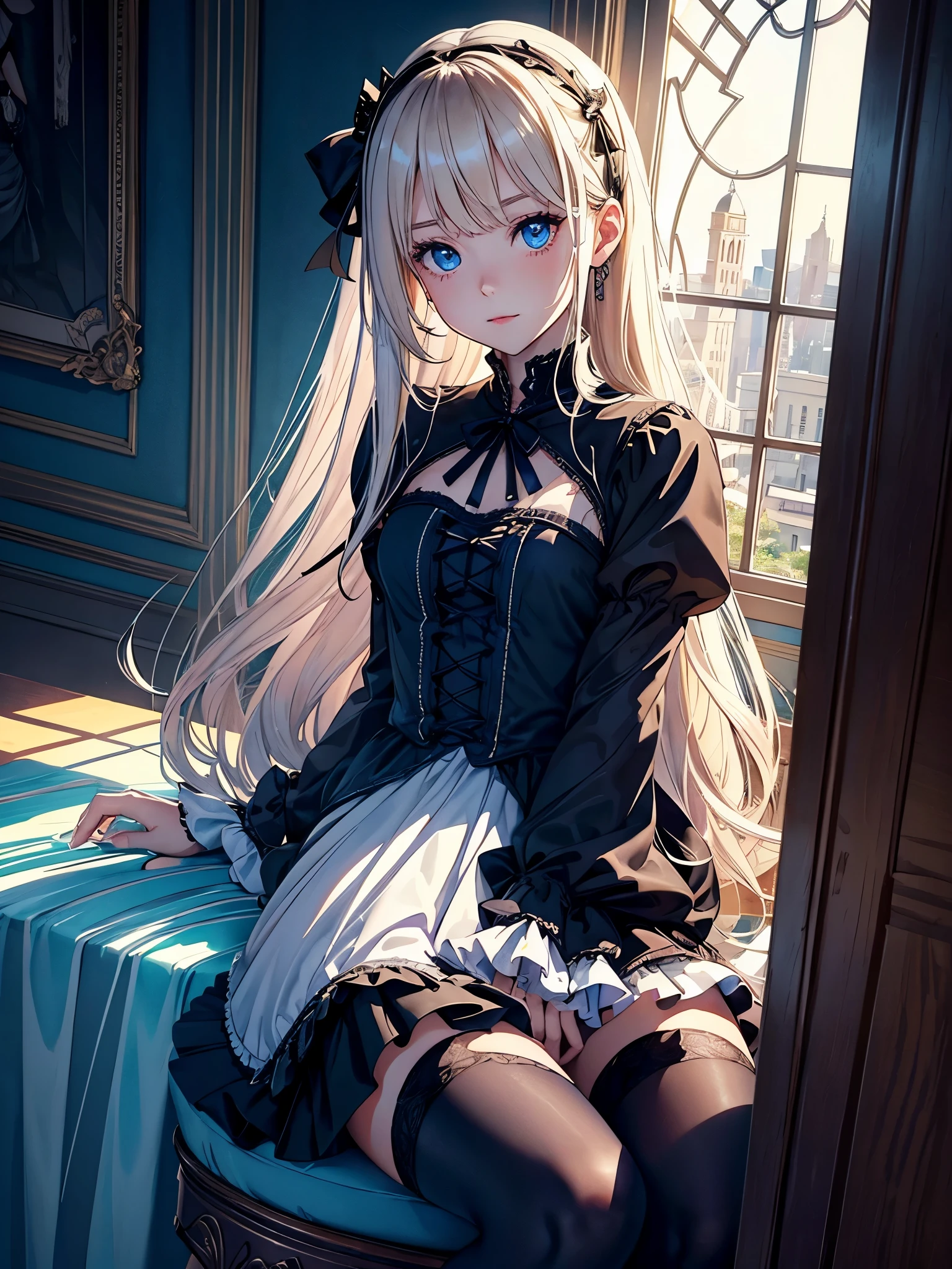 (Superflat, Flat Shading, flat-colors:1.1)、(Magazine Cover)、Illustrations、((1))、very beautiful girl from europe、14years、platinum-blonde-hair、intense blue eyes、Strong highlights of the eyes、Pretty face、smiling for the camera、Perfect Anatomy、((babydoll、gothic lolita costume、a miniskirt))、Beautiful thighs、独奏、Solitude、Sit up、turned around、luxury drawing room background、sideshot、Volumetric lighting、Soft light、Bright、neons、Vibrant colors、watercolor paiting、