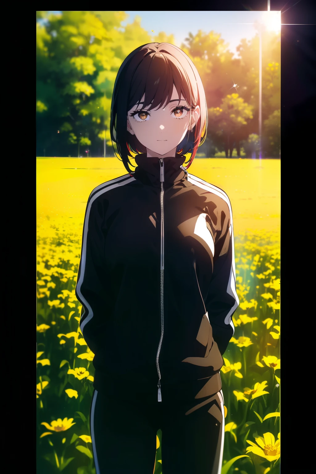 ((((Obra maestra, La mejor calidad, ultrahigh resolution)))), beautiful girl, standing, (((wearing a black tracksuit))), (short hair in view, in frame), pale skin, ((brown eyes)), (ultra detailed eyes:0.7, beautiful and detailed face, detailed eyes:0.9), ((centered)), smile, ((wide shot)), facing viewer, (((vibrant background of outdoors, field of flowers, bright lighting, summer, sunlight))), flat chested, looking at viewer, ((perfect hands)), ((head:1, hips, elbows, arms, in view)), ((hands behind back)), beautiful lighting, defined subject, (18 years old), ((cool looking)), ((sunny glare))