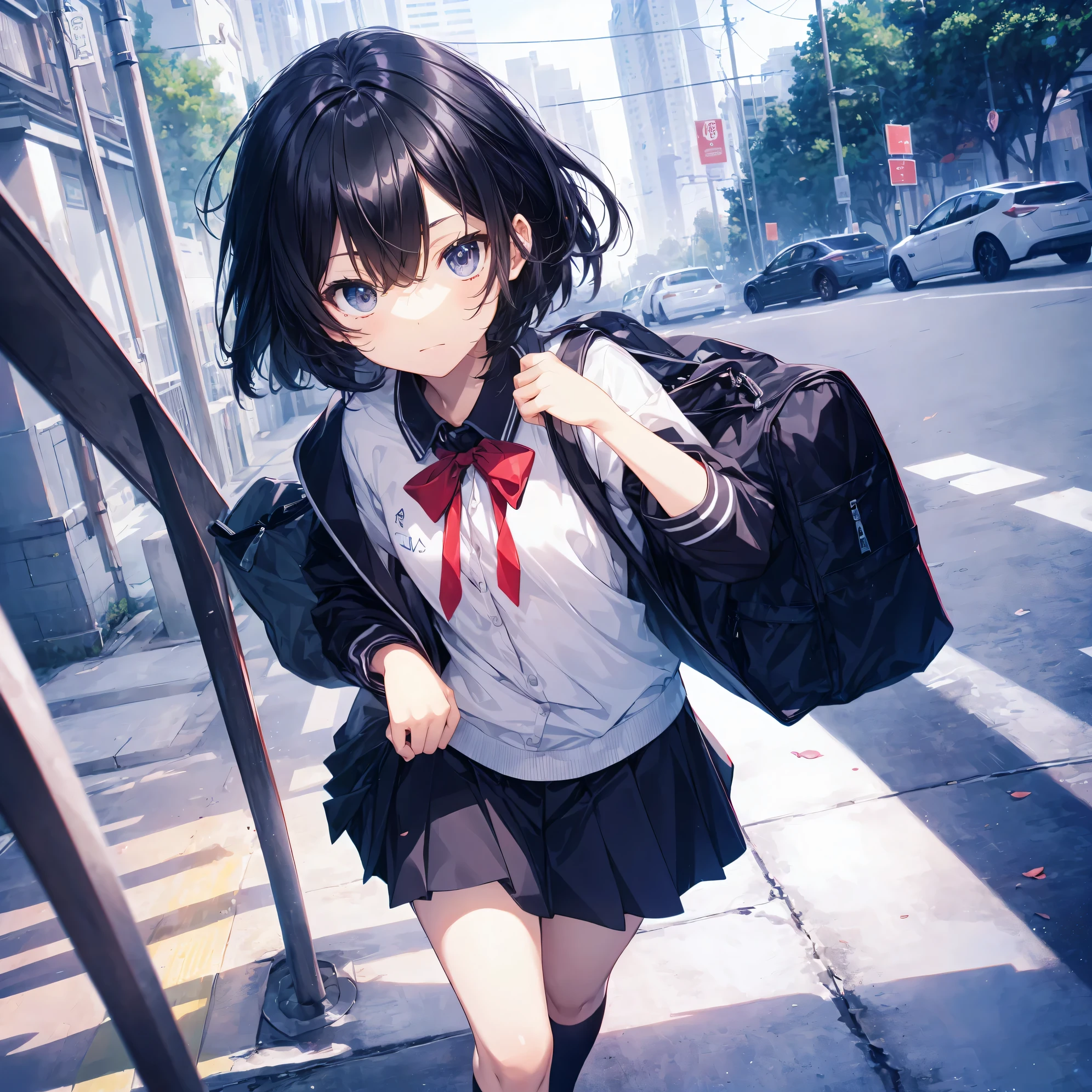 Super high quality by the art god, Ultra-detailed, High resolution, Shinkai Makoto style, anime moe art style, best anime 8K konachan wallpaper, Pixiv Contest Winner, Perfect Anatomy, BREAK,(Please draw a sleepy girl going to school alone.. ),BREAK, a hyperrealistic schoolgirl, (Solo,Lori,child,13years:1.3),Full limbs, complete fingers,a junior high school student, Androgynous attraction, (Very short hair), hair messy, flat chest, Small butt, groin, Small eyes,Beautiful detailed black eyes, Well-proportioned iris and pupils, disgusted eye, High resolution detailed hair, School uniform, Skirt, On the way to school. BREAK,Ultra-detailed細なスキン, Best lighting by famous artists, 8K,Cute illustration,