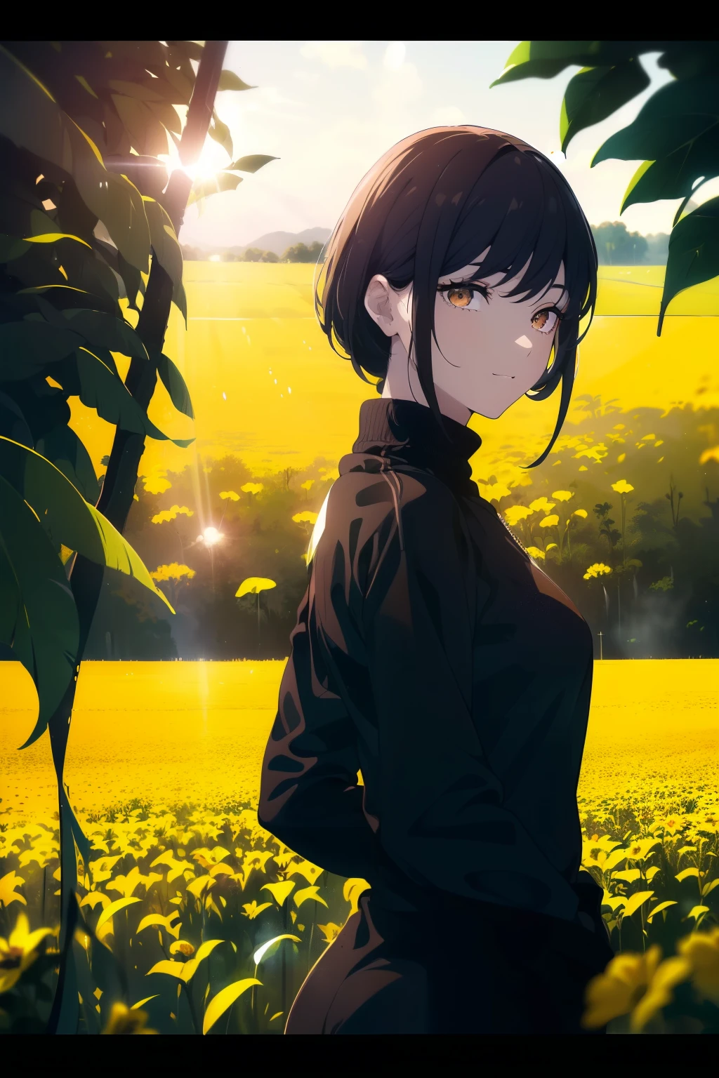 ((((Obra maestra, La mejor calidad, ultrahigh resolution)))), beautiful girl, standing, (((wearing a black tracksuit))), (very short hair in view, in frame), pale skin, ((brown eyes)), (ultra detailed eyes:0.7, beautiful and detailed face, detailed eyes:0.9), ((centered)), smile, ((wide shot)), facing viewer, (((vibrant background of outdoors, field of flowers, bright lighting, summer, sunlight))), flat chested, looking at viewer, ((perfect hands)), ((head:1, hips, elbows, arms, in view)), ((hands behind back)), beautiful lighting, defined subject, (18 years old), ((cool looking)), ((sunny glare))
