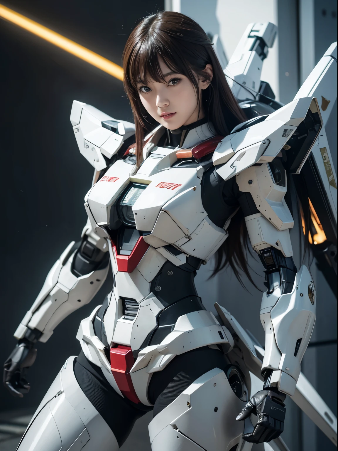 Textured skin, Super Detail, high details, High quality, Best Quality, hight resolution, 1080p, hard disk, Beautiful,(Gundam),beautiful cyborg woman,Mecha Cyborg Girl,Battle Mode,Girl with a Mecha Body,彼女は未来的なGundamメカを身に着けています,Fulll body Shot