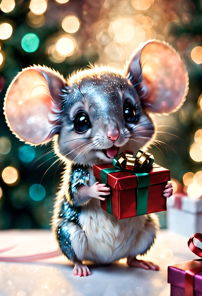 ultra detailed cute mouse holding a Christmas gift, shimmer, bokeh