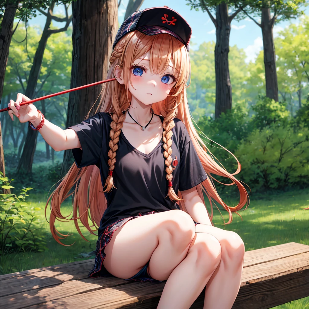 red blonde、blue eyess、Braids、one good looking girl、独奏、animesque、Plaid miniskirt、Black T-shirt、camisole、the woods、Sunlight、sitting on、Wearing a plaid baseball cap、bare-legged、small bracelet、Tilting your face、With a cheek cane