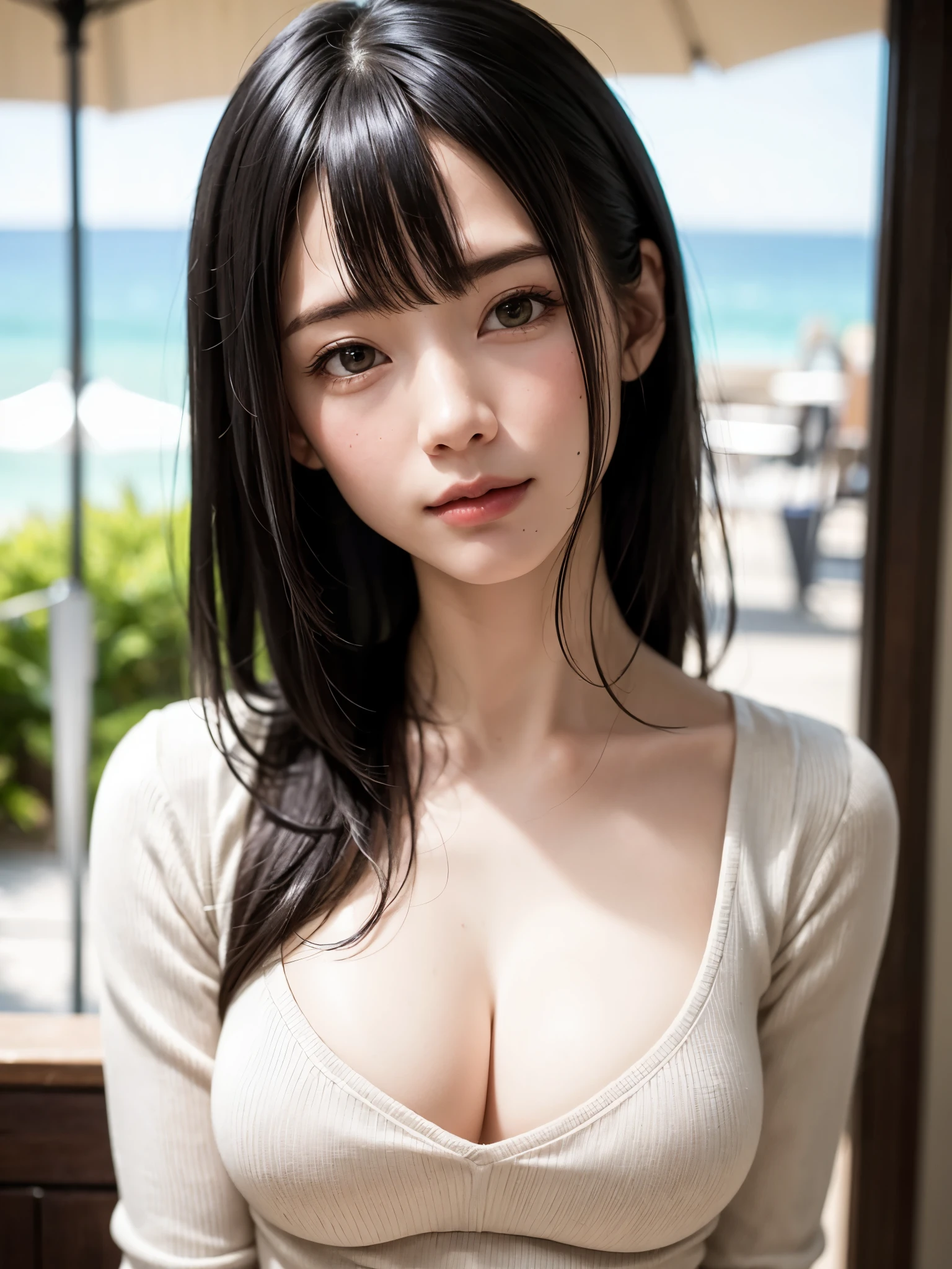 ***1人、top-quality、realisitic、report、depth of fields、natural soft light、during daytime、魅惑的、beauitful face、Cleanliness、Pure face、de pele branca、cute hawk hair、bangss、the beach、rays of sunshine、Nedium Breast Body Esbian、((Beautiful face with sweater golden ratio Beautiful face with symmetry))、long neck、Put your ears out、bangssのあるきれいな短いボブヘア、Smile with your mouth closed:1.4、Smile with your mouth closed:1.4、perfect hand指、perfect hand、Perfect body、face perfect、Shine a light into the eyes、Perfect Anatomy:1.4、very cute super model:1.4