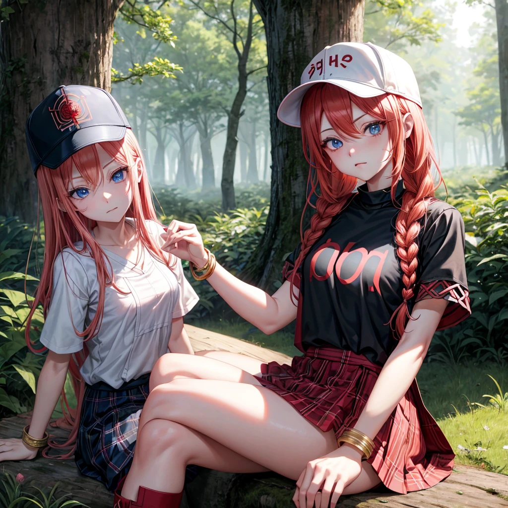 red blonde、blue eyess、Braids、one good looking girl、独奏、animesque、Plaid miniskirt、Black T-shirt、camisole、the woods、Sunlight、sitting on、Wearing a plaid baseball cap、bare-legged、small bracelet、Tilting your face、With a cheek cane