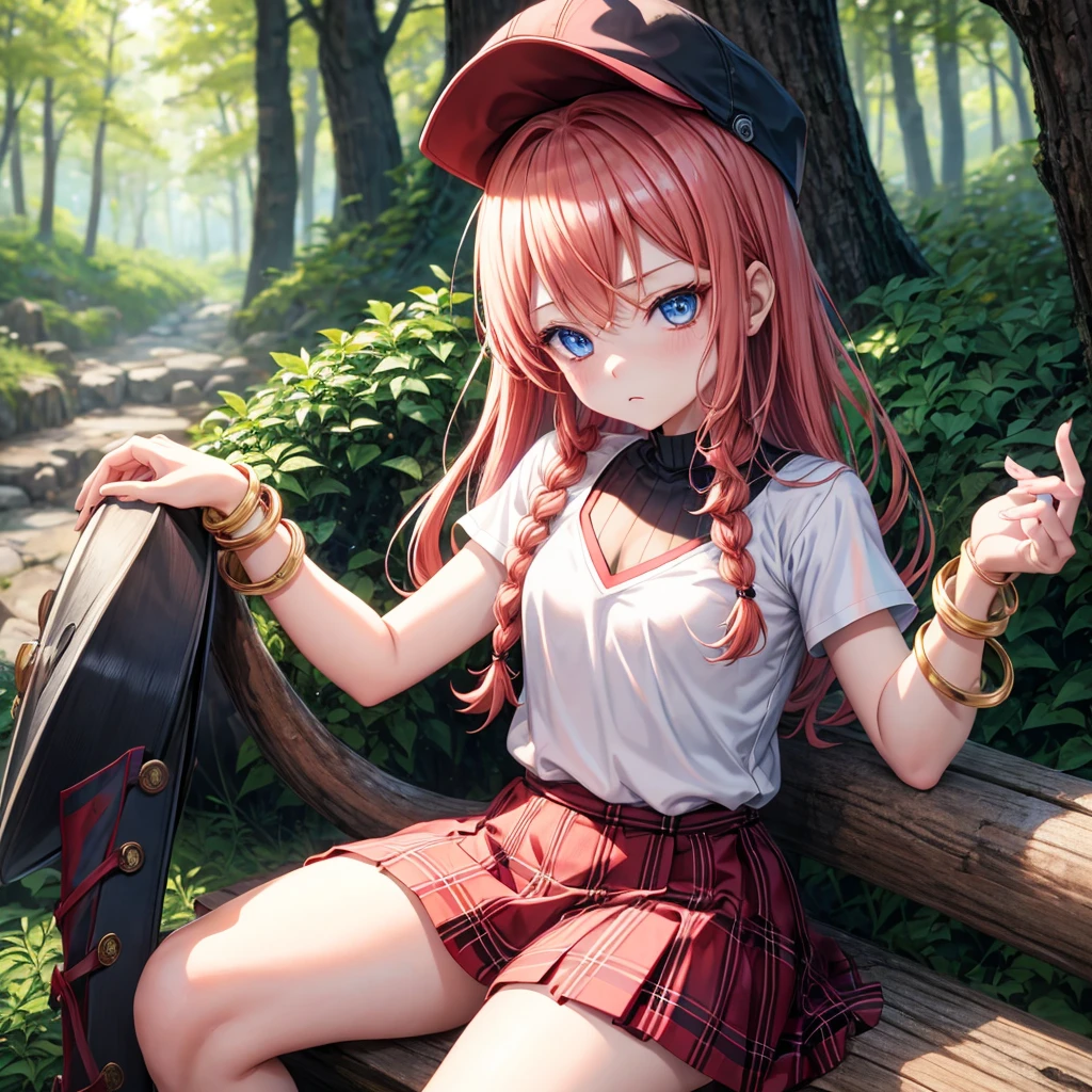 red blonde、blue eyess、Braids、one good looking girl、独奏、animesque、Plaid miniskirt、Black T-shirt、camisole、the woods、Sunlight、sitting on、Wearing a plaid baseball cap、bare-legged、small bracelet、Tilting your face、With a cheek cane