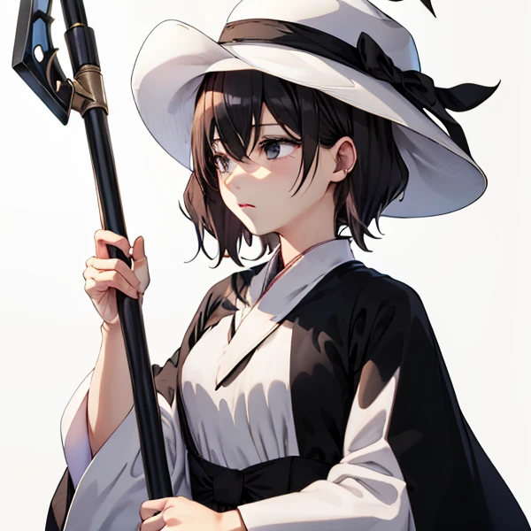 girl with white hat and black hair, yandere,short-hair ,Ahoge,(white  clothes),((((black robes)))),has a halberd,deadpan,body shot