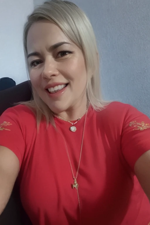 blonde woman in a red shirt sitting on a sofa with a cell phone, Directed by: Nandor Soldier, Lorena Avarez, inspirado em Maria Helena Vieira da Silva, Parece Fabiula Nascimento, imagem de perfil, 3 5 year brazilian mother, fernanda suarez, by Maria Helena Vieira da Silva, Alanis Guillen, coluna