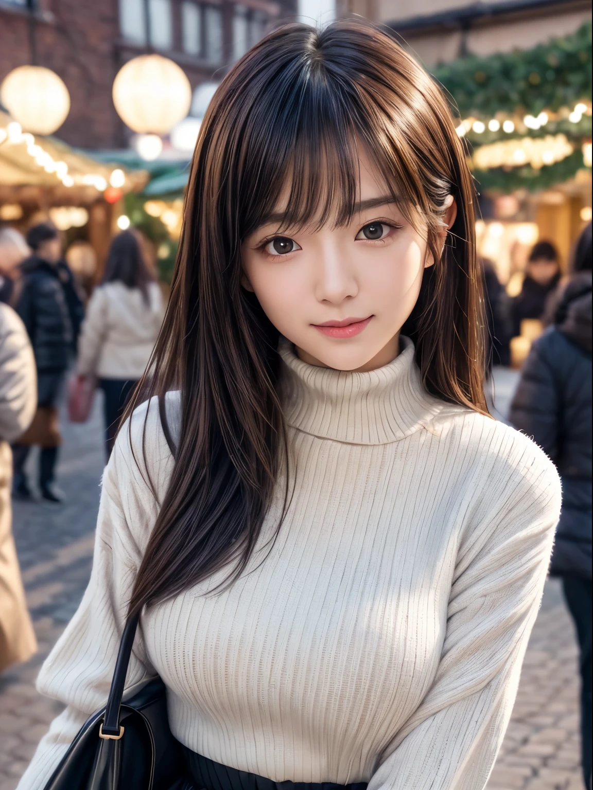 (8K,masutepiece, Raw photo,Best Quality:1.4),(photographrealistic:1.2),(extremely Detailed face),(Shiny skin),(Detailed skin),(Detailed face),(Extremely beautiful face),1girl in,Looking at Viewer,Japanese ido(actor hair,Medium Hair,Straight hair,asymmetrical bangs,Smile,glamor,large breasted jacket, Turtleneck sweater, Pleated skirt:1.2), Christmas Market,High Position,Professional Lighting