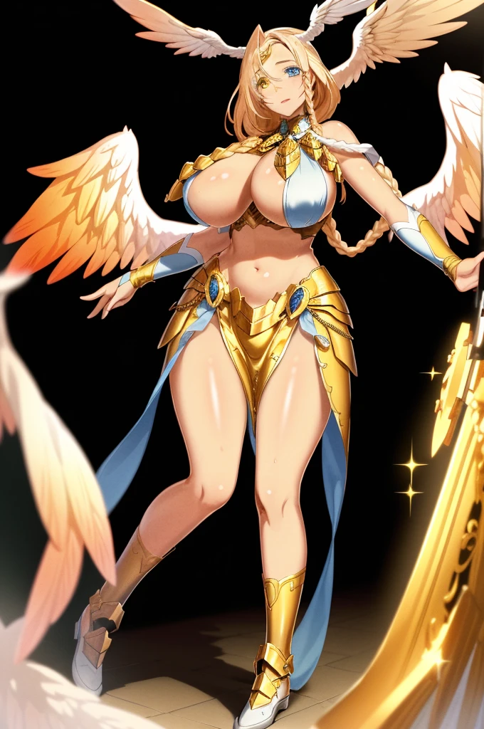 (masterpiece, best quality, highly detailed), 1girl, sarielx, heterochromia, braided ponytail, braided bangs, dramatic lighting, god rays, gold armor, underboob, gold skirt, gold boots, angel wings, head wings, cathedral, vitril, stained glass, standing, angel, wings, full body, feet,Gothic art, Renaissance, glowing light, god rays, blurry, sparkle, motion blur, depth of field, chiaroscuro, cinematic lighting, chromatic aberration, backlighting, bloom, blending, UHD, retina, masterpiece, ccurate, anatomically correct, textured skin, super detail, high details, high quality, award winning, best quality, highres, pullover, pants