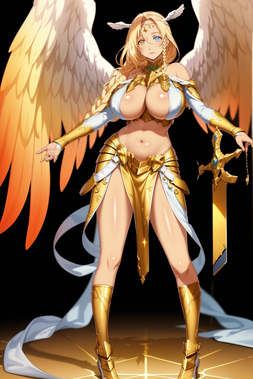 (masterpiece, best quality, highly detailed), 1girl, sarielx, heterochromia, braided ponytail, braided bangs, dramatic lighting, god rays, gold armor, underboob, gold skirt, gold boots, angel wings, head wings, cathedral, vitril, stained glass, standing, angel, wings, full body, feet,Gothic art, Renaissance, glowing light, god rays, blurry, sparkle, motion blur, depth of field, chiaroscuro, cinematic lighting, chromatic aberration, backlighting, bloom, blending, UHD, retina, masterpiece, ccurate, anatomically correct, textured skin, super detail, high details, high quality, award winning, best quality, highres, pullover, pants