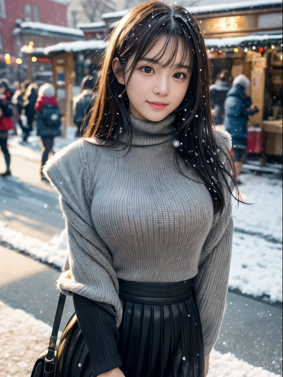 Close-up shot of a high school girl with super long legs, showing her huge breasts that are about to fall out of her long fur coat, sitting at a snowy bus stop, waiting for the bus, pleated skirt, stockings