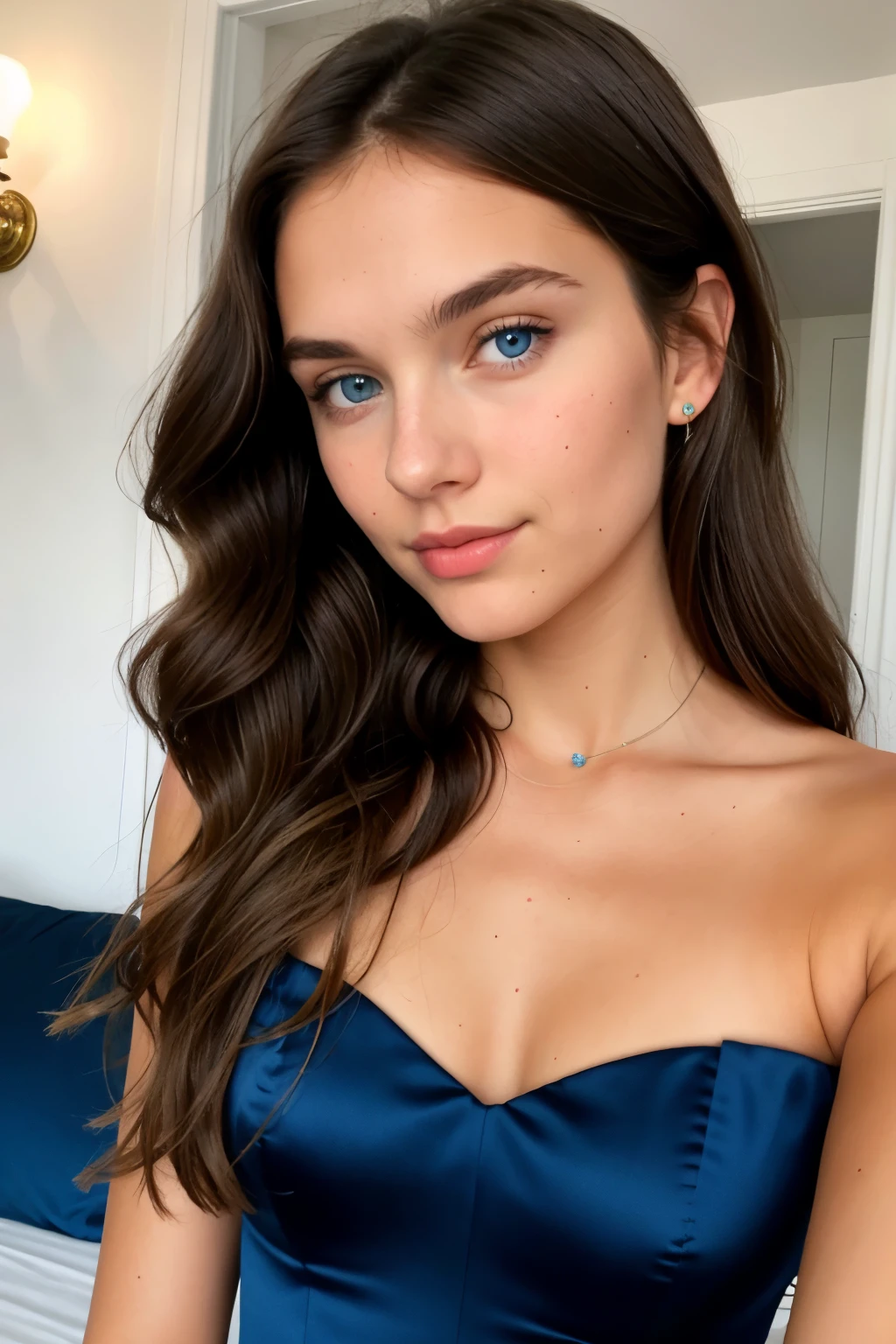 Astrid Olsen a gorgeous brunette wavy haired girl with slightly tanned skin and blue ice eyes, take a selfie, evening dress blue