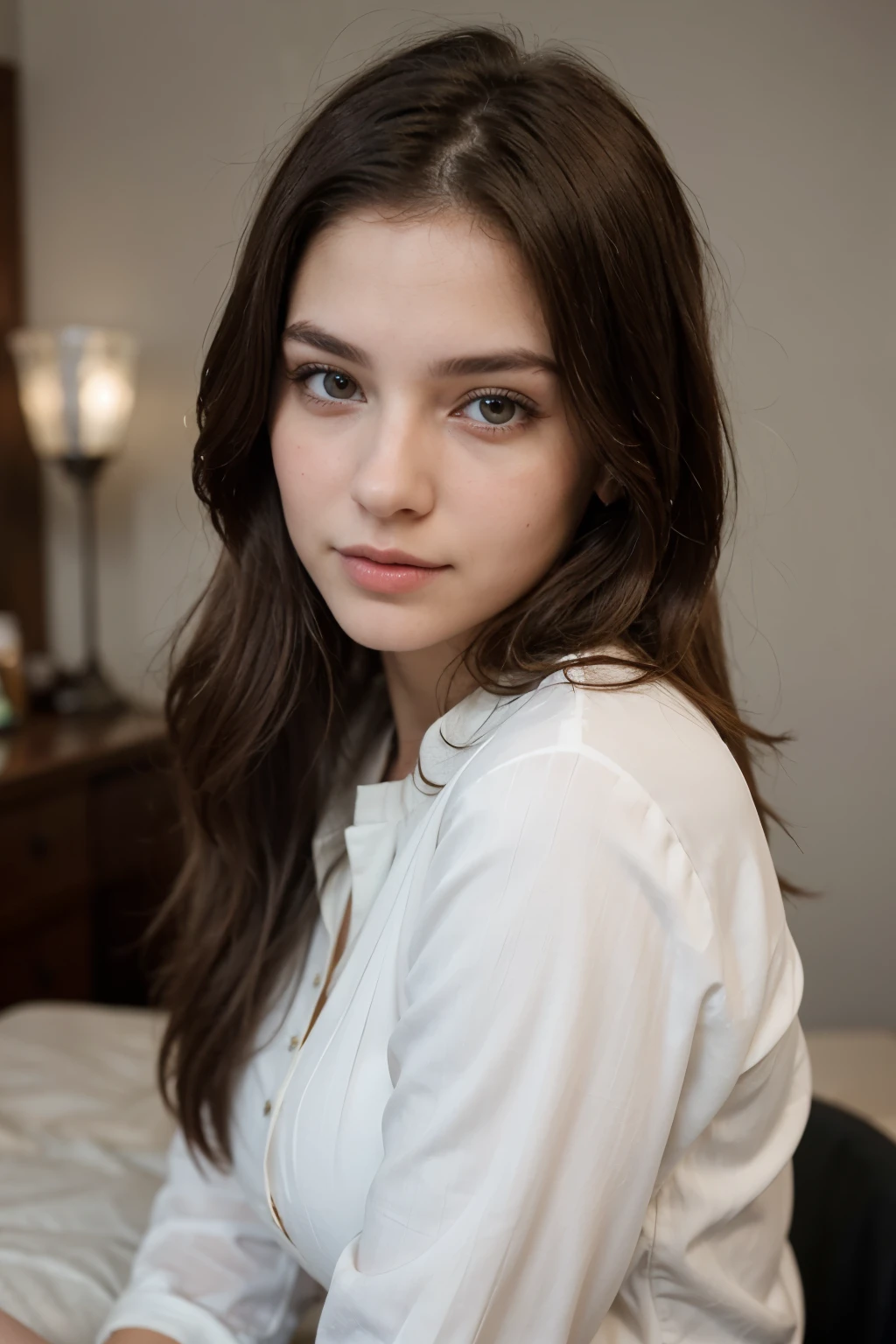 A very beautiful 25-year-old girl with fair hair and honey eyes and wearing a blouse