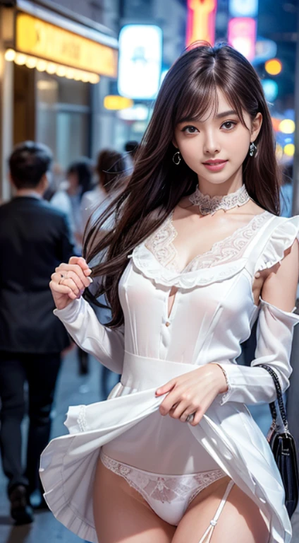 8K, masutepiece, Raw photo, Best Quality, Photorealistic, extremely detailed CG unity 8K wallpaper, depth of fields, Cinematic Light, Lens Flare, Ray tracing, (Extremely beautiful face, Beautiful lips, Beautiful eyes), intricate detail face, ((Ultra detailed skin)) 1girl in, In the Dark, deepshadow, pretty korean girl, Kpop Idol,(Very slim Slender fit muscular body:1.3), ((Looking at Viewer)),(Big smile:1.3), (Tight Mini Dress), (sleeve fashion city night, a dark night, (Neon sign), (Large buildings), Fashion Street Night),(No people), (No people in the background:1.retty korean girl, White Diamond Earrings, Diamond Bracelet, Diamond Necklace, pantyhose, Clear eyes, Walking , Front shot, (pale skin), Face forward, (Big eyes), ((upperbody shot)), ((Silk lace)), ((White Collar Dresses:1.3)), (Brown hairs) (Looking at Viewer:1.3), (see through), (Laced panties), opened breast, Very slim, Long legs, medium breasts, (Nipple protrusion:1.2), 21 years old, Slender fit muscular body, ((Hermes Bag))