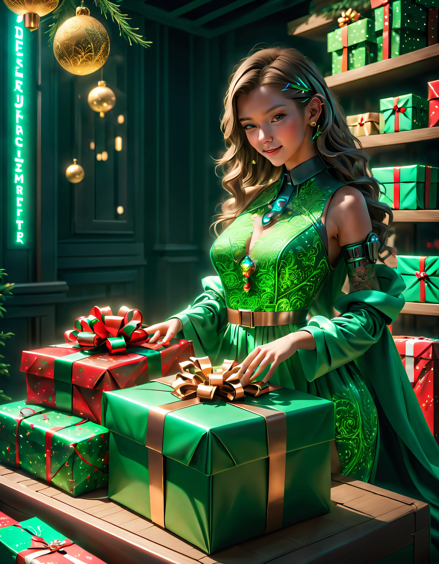 (((1件传统和未来融合的Christmas gifts)))，(cyberpunk gifts)，(Christmas gifts、glowing gift)、Gifts in the cyberpunk room、(future gift、The future of packaging)、Gifts in neon room、gift with luminous pattern、Cyberpunk style gift packaging、future gift、Christmas gifts，(未来和传统的Christmas gifts元素无缝融合，Seamless blend of old and new），NOhumaniligrees的细节，elegant and charming，The is very detailed，unreal-engine，Render by Octane，computer graphics image processing，natural，Clear public areailigrees，Smoothness，gentlesoftlighting，(concept-art，hyper HD，art station antasyart，An epic sight，Intricate patterns，Complicated details，超filigrees的绘画，physically-based renderingt，Extremely detailed description，professional，hyper realisitc，beyond human imagination，spectacular lighting，Art site is popular，unreal-engine，Global，Best quality at best，8K，A high resolution，tmasterpiece，ultra - detailed，realistically，1.Realism increased by 4 times）