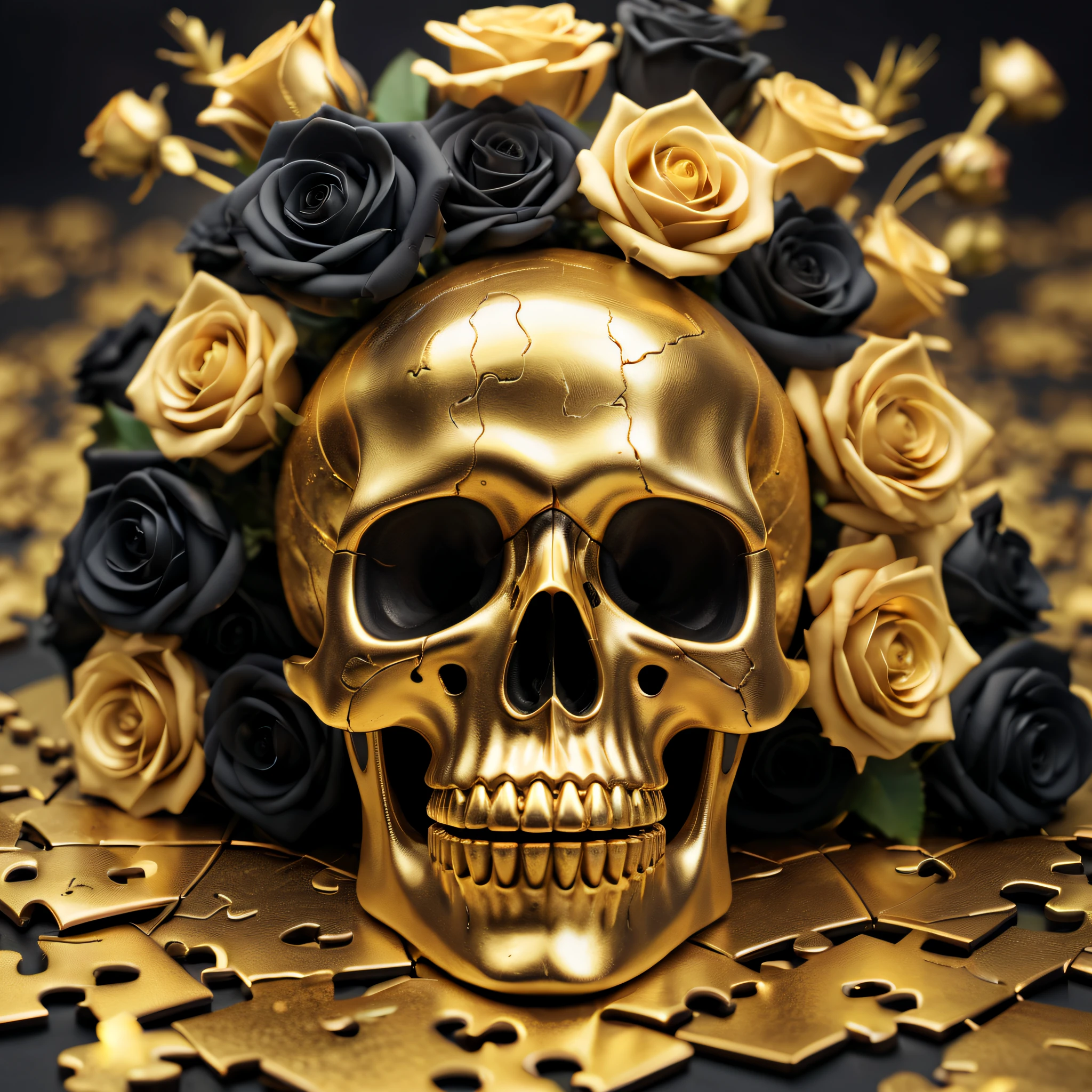 (Best Quality,8K,High resolution,masutepiece:1.2),Ultra-detailed,Eerily realistic gold metallic skull,jigsaw puzzle texture,elaborate corpse,Bouquet of black roses,altar,scary theme,horror festival setup