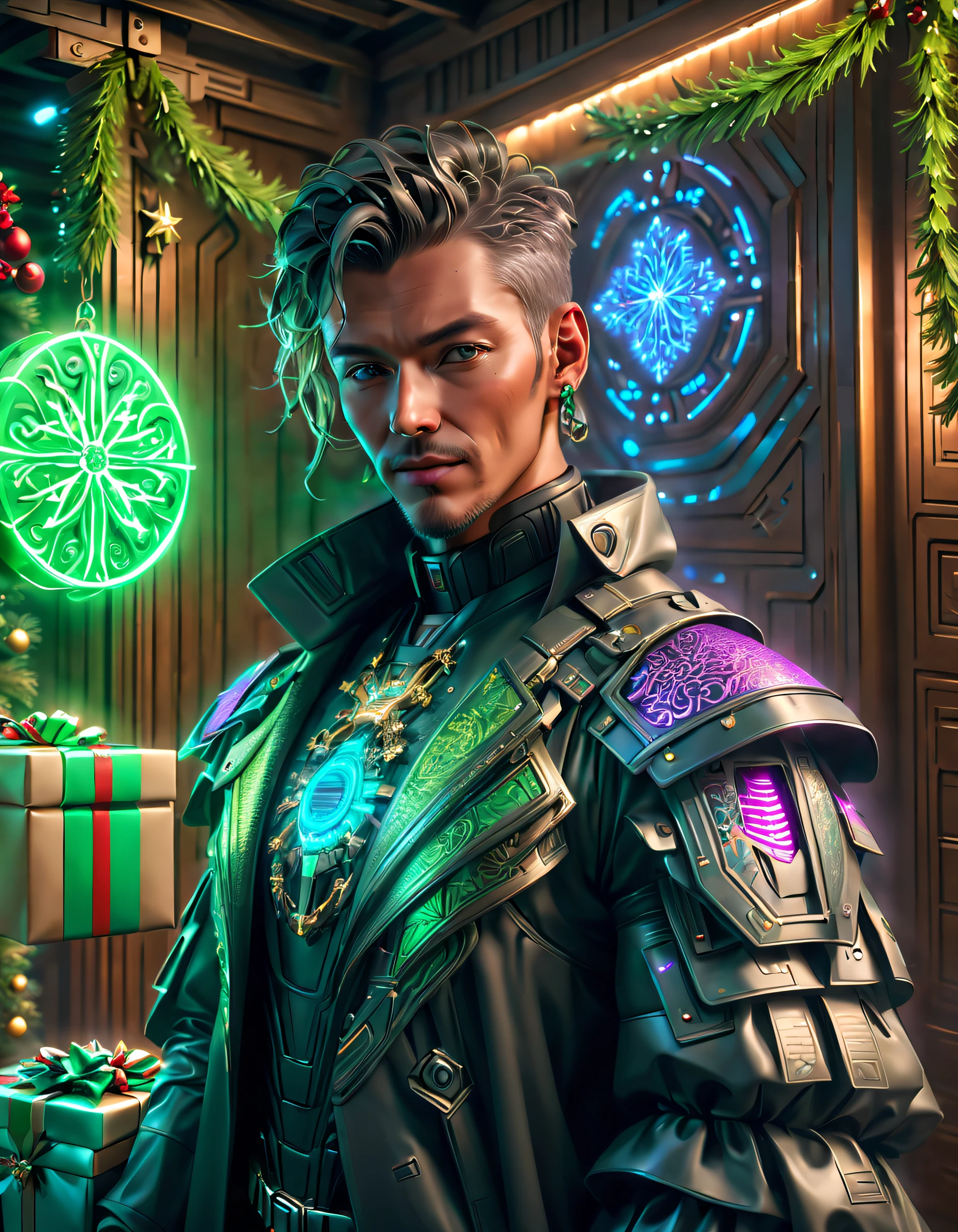 (((1件传统和未来融合的Christmas gifts))),(cyberpunk gifts),(Christmas gifts、glowing gift)、Gifts in the cyberpunk room、(future gift、The future of packaging)、Gifts in neon room、gift with luminous pattern、Cyberpunk style gift packaging、future gift、Christmas gifts,(未来和传统的Christmas gifts元素无缝融合,Seamless blend of old and new),NOhumaniligrees的细节,elegant and charming,The is very detailed,unreal-engine,Render by Octane,computer graphics image processing,natural,Clear public areailigrees,Smoothness,gentlesoftlighting,(concept-art,hyper HD,art station antasyart,An epic sight,Intricate patterns,Complicated details,超filigrees的绘画,physically-based renderingt,Extremely detailed description,professional,hyper realisitc,beyond human imagination,spectacular lighting,Art site is popular,unreal-engine,Global,Best quality at best,8K,A high resolution,tmasterpiece,ultra - detailed,realistically,1.Realism increased by 4 times)