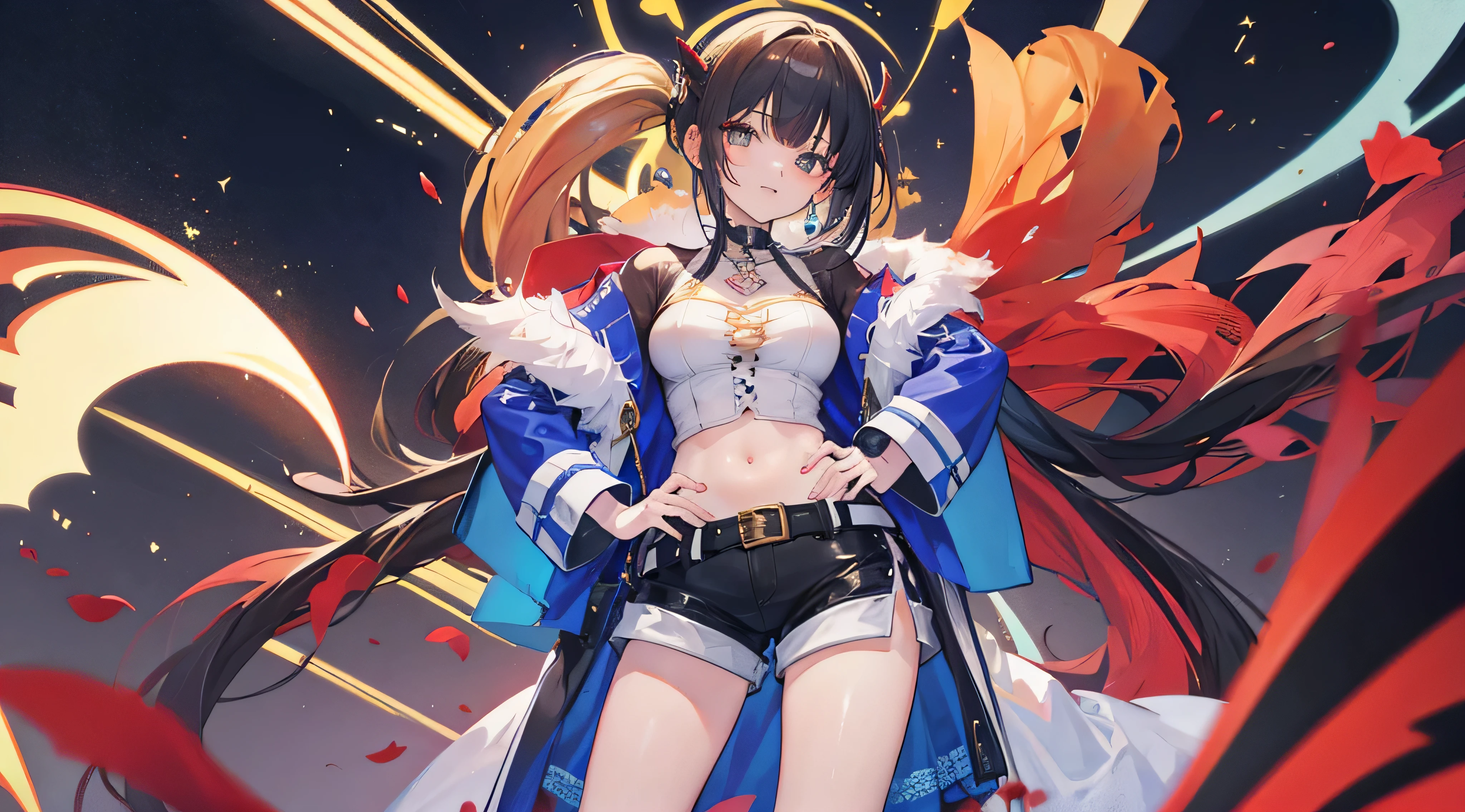 Arlequina, master part, best quality, Alto, 1girl, Gargantilha com coroa aberta, jaqueta de manga curta, shorts cravejados, fishnet belt, luvas de corrente, pulseira, hand on hip, Standing, sorrir, Background Story