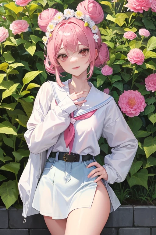 tmasterpiece、Need、1 female student、White cloth bun bun bun、Shoulder leakage、The chest is large、chubbiness、ssmile、upper legs,pale pink lip、posing at school,legs are open, 独奏,Denim dress looking at the viewer, (upper legs粗:1.0),Yazawa Nico,red eyes, face flushed,Blunt hair,both hands on hip,greet,Flower headdress,