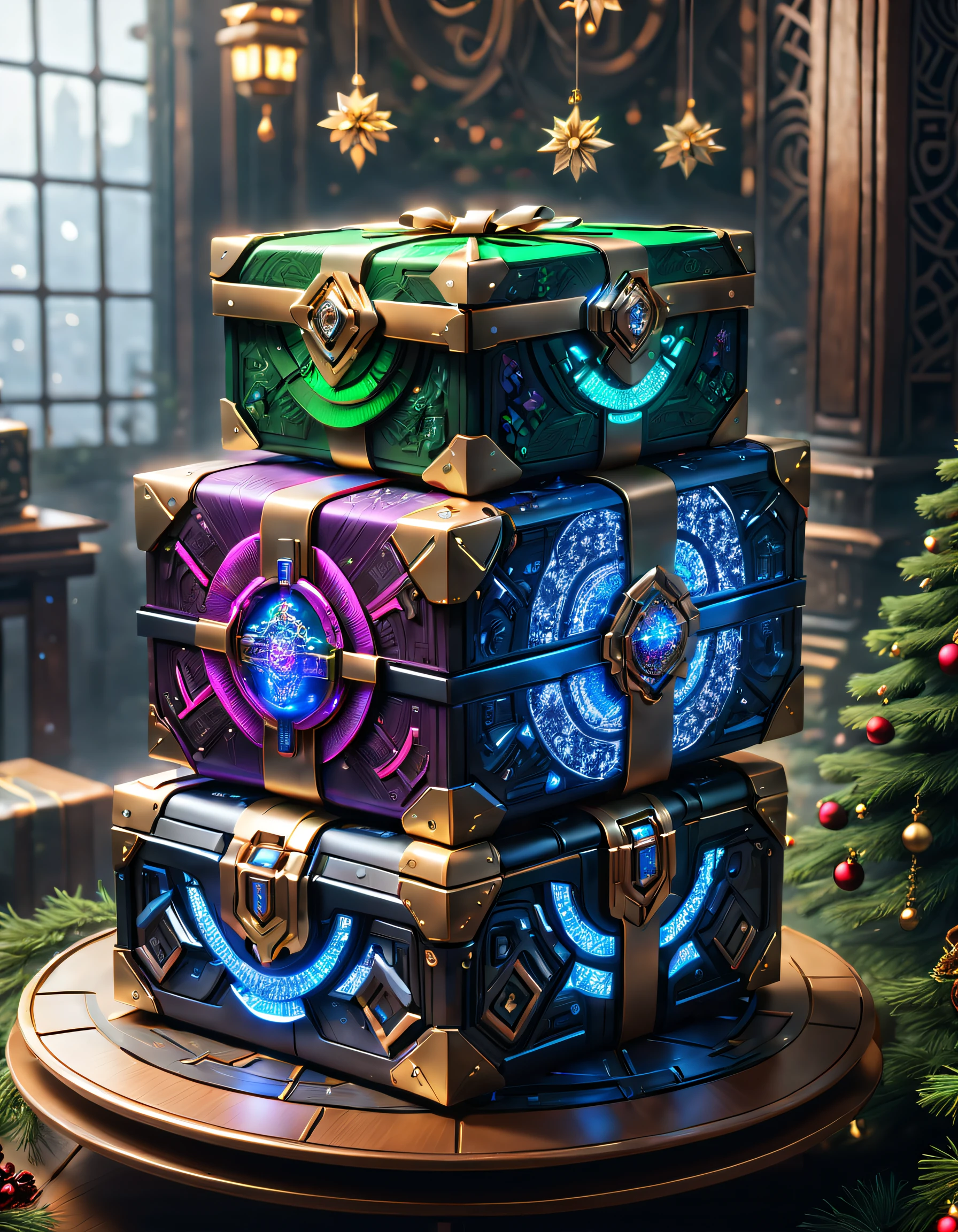 (((1 Christmas gift that combines tradition and the future,There is no lid))),(Cyberpunk gift box),(Christmas gift box without box、Luminous gift box)、Gifts in the cyberpunk room、(future gift、The future of packaging)、Gifts in neon room、gift with luminous pattern、Cyberpunk style gift packaging、future gift、Christmas gift box,(A seamless blend of futuristic and traditional Christmas gift elements,Seamless blend of old and new),NOhumaniligrees的细节,elegant and charming,The is very detailed,unreal-engine,Render by Octane,computer graphics image processing,natural,Clear public areailigrees,Smoothness,gentlesoftlighting,(concept-art,hyper HD,art station antasyart,An epic sight,Intricate patterns,Complicated details,超filigrees的绘画,physically-based renderingt,Extremely detailed description,professional,hyper realisitc,beyond human imagination,spectacular lighting,Art site is popular,unreal-engine,Global,Best quality at best,8K,A high resolution,tmasterpiece,ultra - detailed,realistically,1.Realism increased by 4 times)