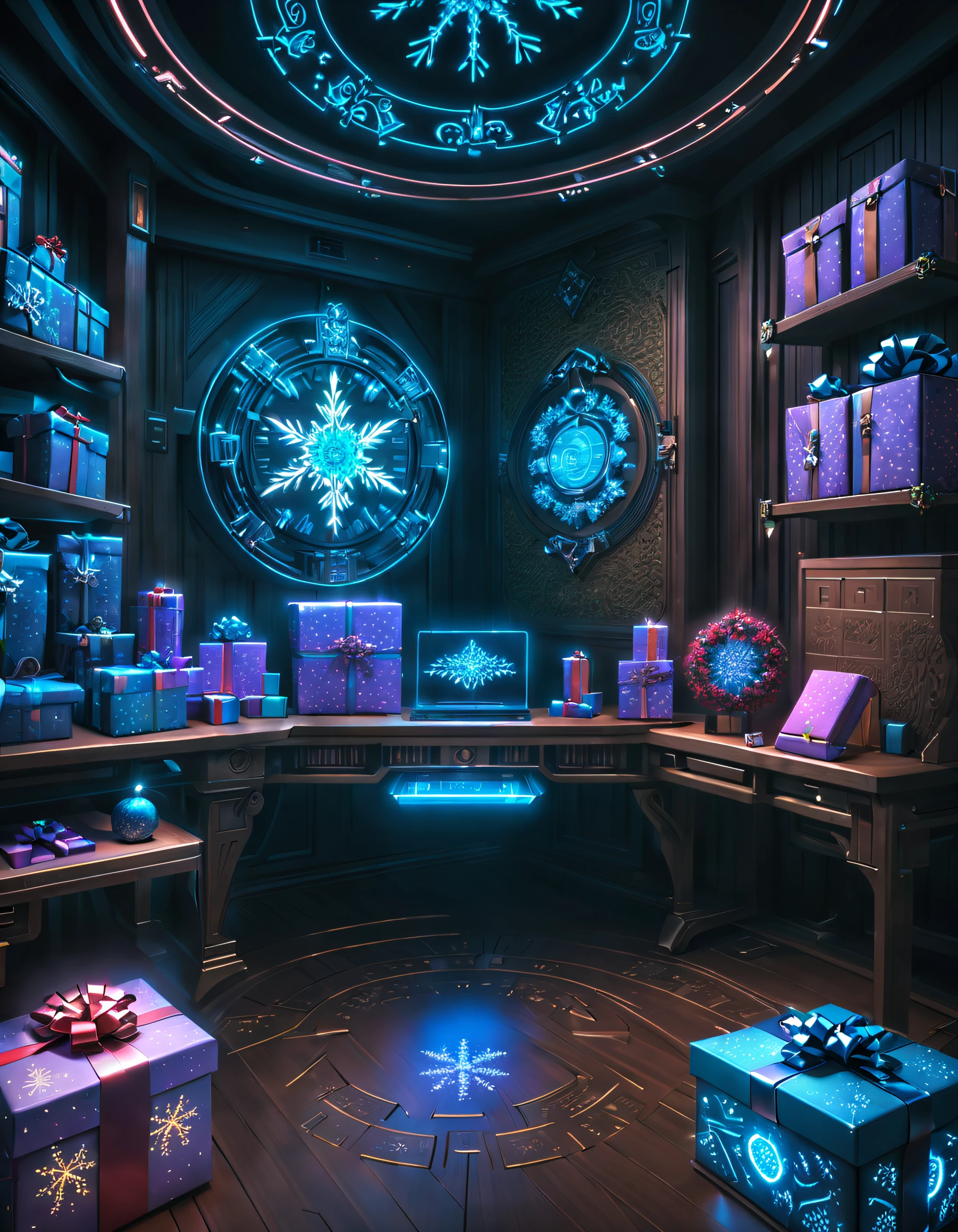 (((1件传统和未来融合的Christmas gifts)))，(cyberpunk gifts)，(Christmas gifts、glowing gift)、Gifts in the cyberpunk room、(future gift、The future of packaging)、Gifts in neon room、gift with luminous pattern、Cyberpunk style gift packaging、future gift、Christmas gifts，(未来和传统的Christmas gifts元素无缝融合，Seamless blend of old and new），NOhumaniligrees的细节，elegant and charming，The is very detailed，unreal-engine，Render by Octane，computer graphics image processing，natural，Clear public areailigrees，Smoothness，gentlesoftlighting，(concept-art，hyper HD，art station antasyart，An epic sight，Intricate patterns，Complicated details，超filigrees的绘画，physically-based renderingt，Extremely detailed description，professional，hyper realisitc，beyond human imagination，spectacular lighting，Art site is popular，unreal-engine，Global，Best quality at best，8K，A high resolution，tmasterpiece，ultra - detailed，realistically，1.Realism increased by 4 times）