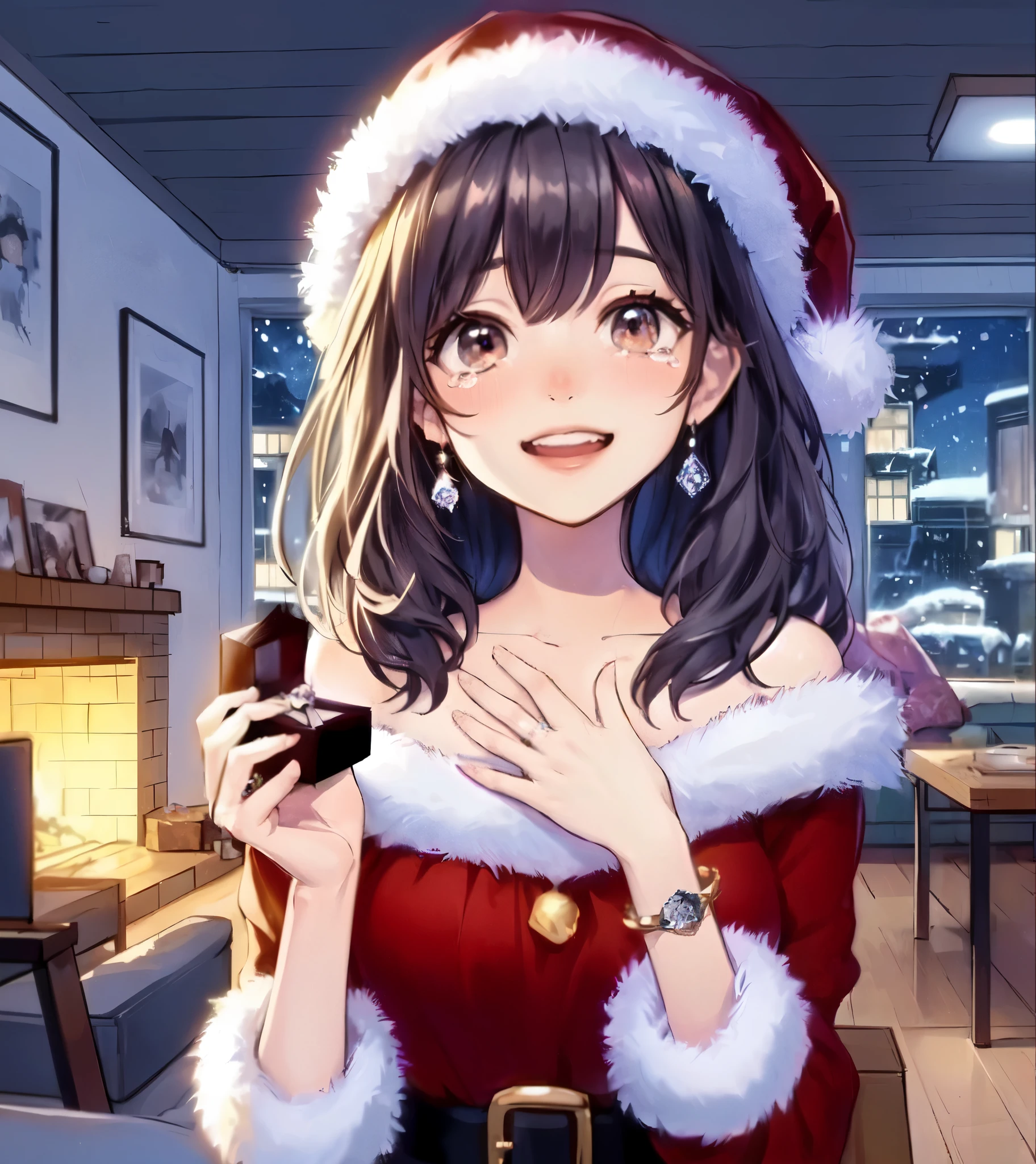 1lady solo, (stylish outfit) (Santa Claus costume:1.2), mature female, /(black hair/) bangs, blush (happy smile) (tears:1.2), (masterpiece best quality:1.2) delicate illustration ultra-detailed, large breasts BREAK ( ring with a small diamond:1.3) (an engagement ring inside a small box:1.3), (holding (a small box with ring:1.2)) BREAK (modern house living room) indoors