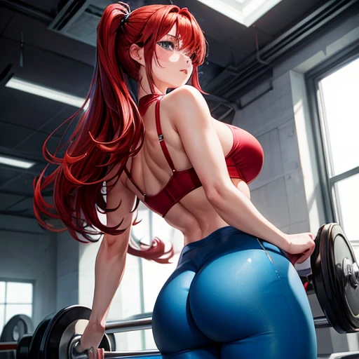 1 girl, red hair, blue eyes, big breasts, big thighs, big butt,from back, red bra, blue tight leggings,in gym, high resolution