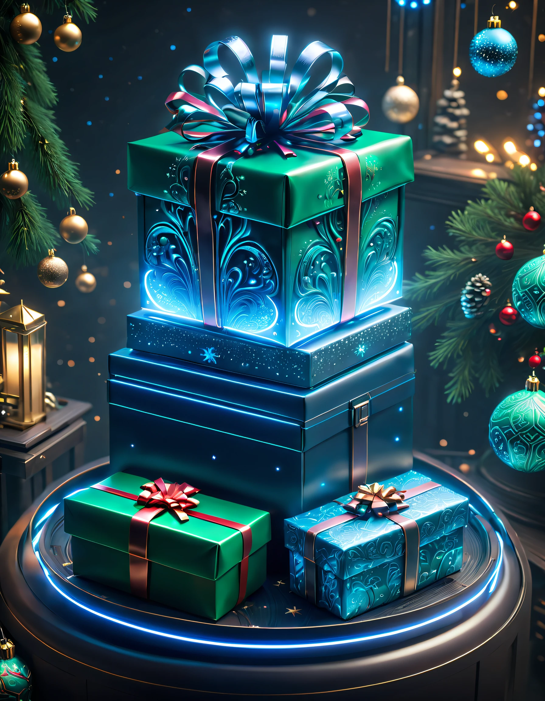 (((1件传统和未来融合的Christmas gifts)))，(cyberpunk gifts)，(Christmas gifts、glowing gift)、Gifts in the cyberpunk room、(future gift、The future of packaging)、Gifts in neon room、gift with luminous pattern、Cyberpunk style gift packaging、future gift、Christmas gifts，(未来和传统的Christmas gifts元素无缝融合，Seamless blend of old and new），NOhumaniligrees的细节，elegant and charming，The is very detailed，unreal-engine，Render by Octane，computer graphics image processing，natural，Clear public areailigrees，Smoothness，gentlesoftlighting，(concept-art，hyper HD，art station antasyart，An epic sight，Intricate patterns，Complicated details，超filigrees的绘画，physically-based renderingt，Extremely detailed description，professional，hyper realisitc，beyond human imagination，spectacular lighting，Art site is popular，unreal-engine，Global，Best quality at best，8K，A high resolution，tmasterpiece，ultra - detailed，realistically，1.Realism increased by 4 times）