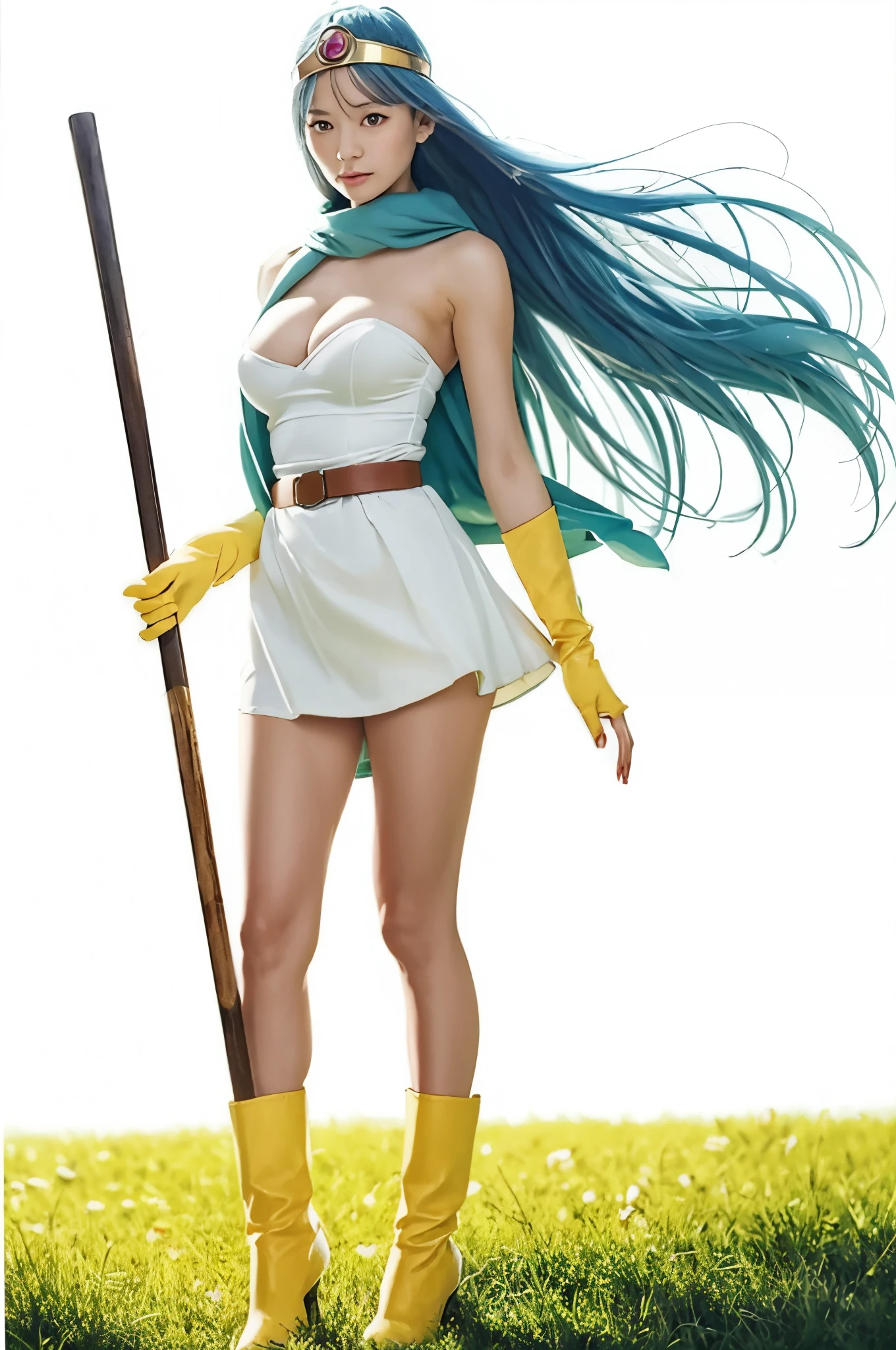 masterpiece, best quality, ultra-detailed, illustration, sage_(dq3), 1girl, (holding staff, staff:1.3), solo, long hair, blue hair, circlet, red eyes, large breasts, yellow gloves, white dress, belt, cape, boots, cleavage, bare shoulders, underwear, standing, full body, grass, wind lift, simple background, white background