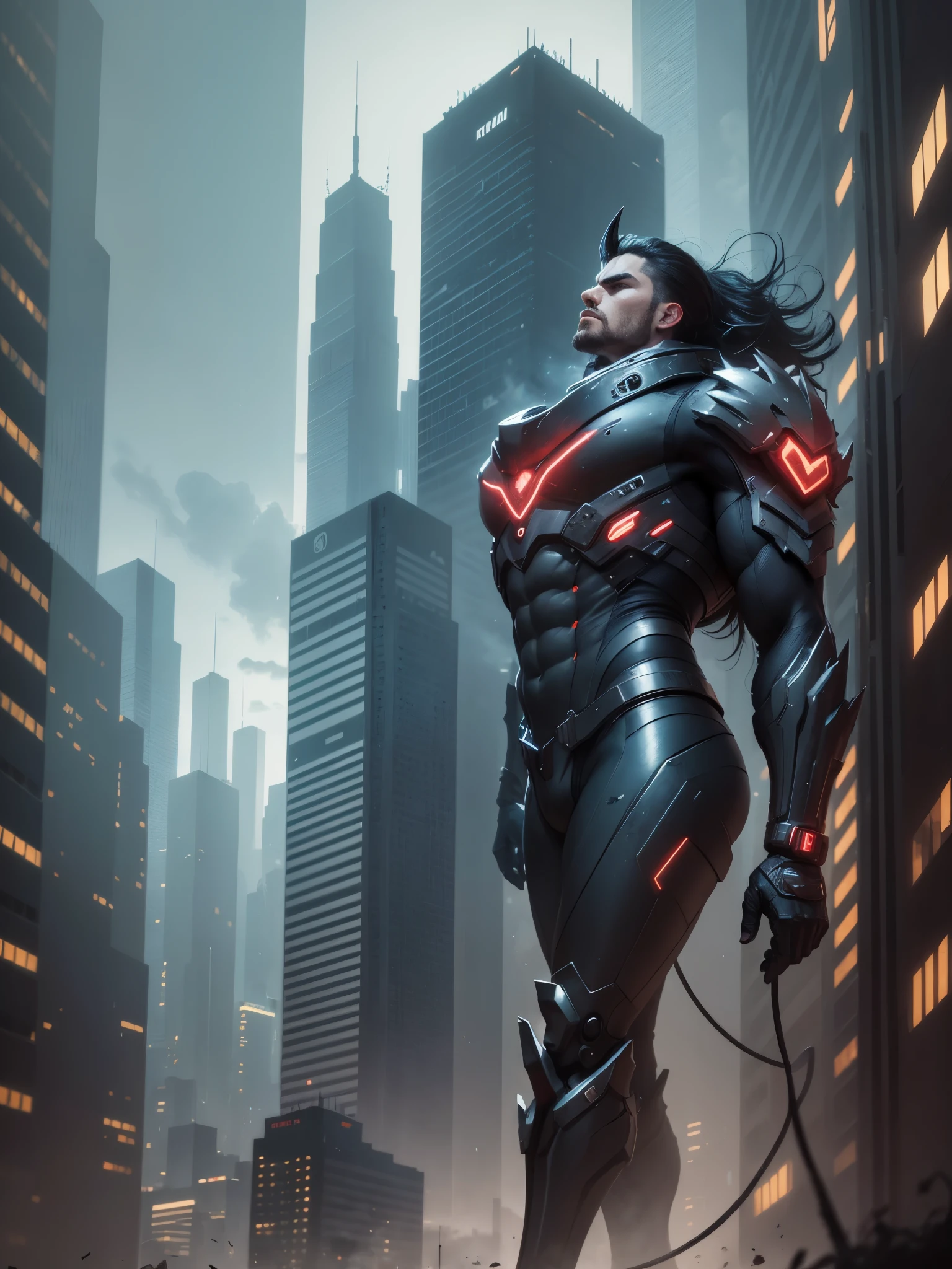 The image is concept art of a cyberpunk character, inspired by the style of Ernest Khalimov. The character is a muscular and imposing man with a horned head and a baseball bat in his hands. He has a serious and determined expression, looking at the horizon. He wears a black leather jacket, with metallic accents and neon lights. It has a bionic arm, with exposed wires and circuits. He also has tattoos and piercings on his face and body. The background of the image is a futuristic city, with tall buildings and full of screens and advertisements. The image has a dark and contrasting color palette, with shades of black, gray, red, and blue. The image is a high-quality 3D render with an impressive level of detail. The image resembles a badass anime or a painting by James Gurney., Futurism, cinematic lighting, UHD, anatomically correct, best quality, high details --auto --s2