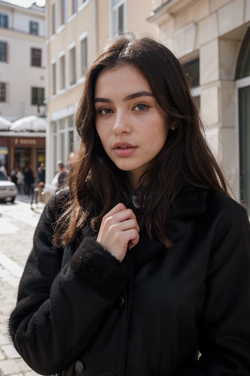 ((best quality)), ((masterpiece)), (detailed), perfect face realistic photo of beautiful woman with long dark brown hair, Russian, influencer, light freckles, dark brown eyes, big lips, no makeup, instagram, in st moritz, wearing elegant black fur coat outfit by Dior