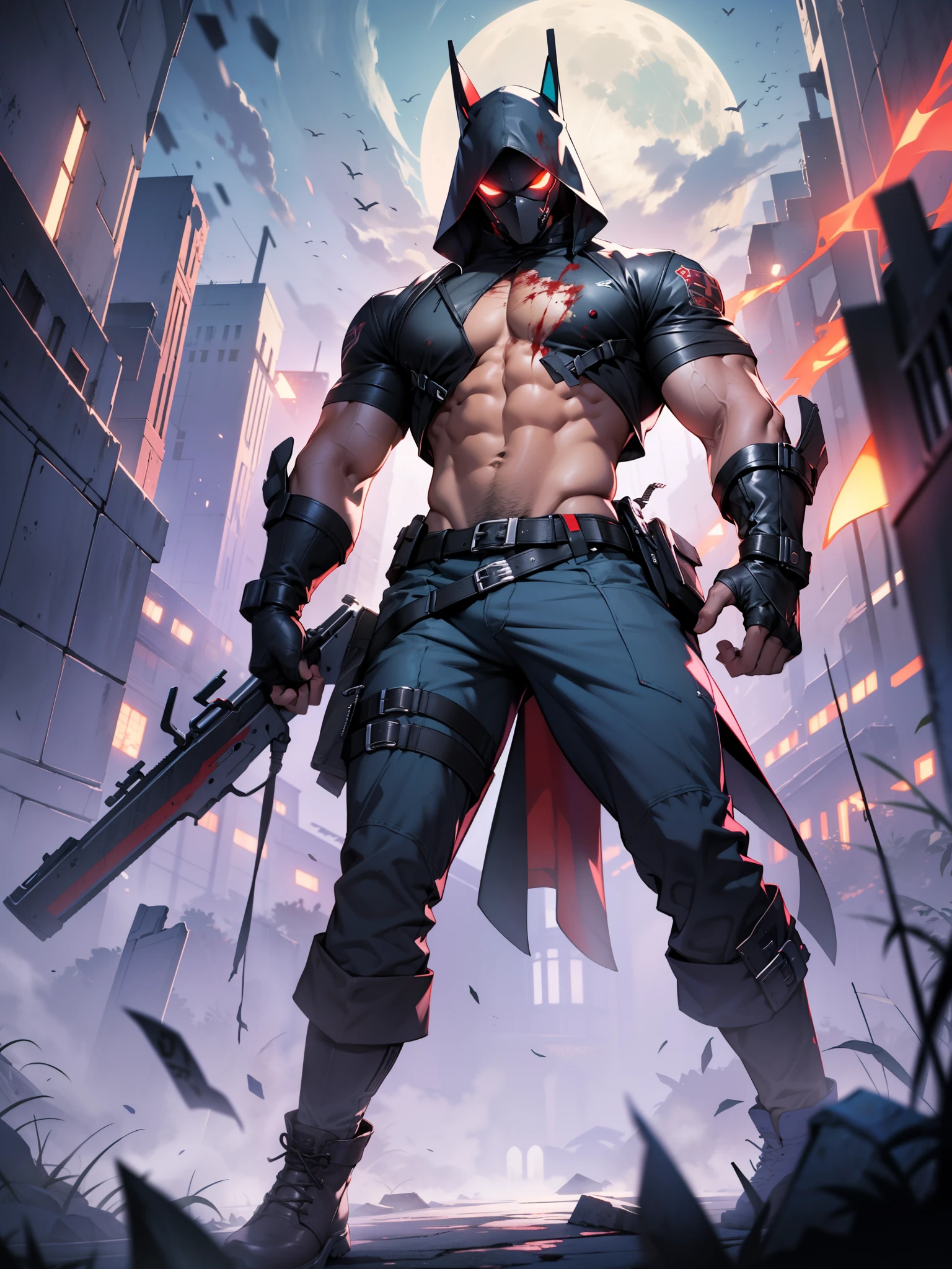 Best quality, masterpiece, ultra high res,detailed background,realistic,illustration,from below,full body,solo,1boy,pyramidHead,muscular,facial hair,blood on clothes,boots,full red moon,blood splatter,mist,fog,red and black,ruins,volumetric lighting,depth of field,