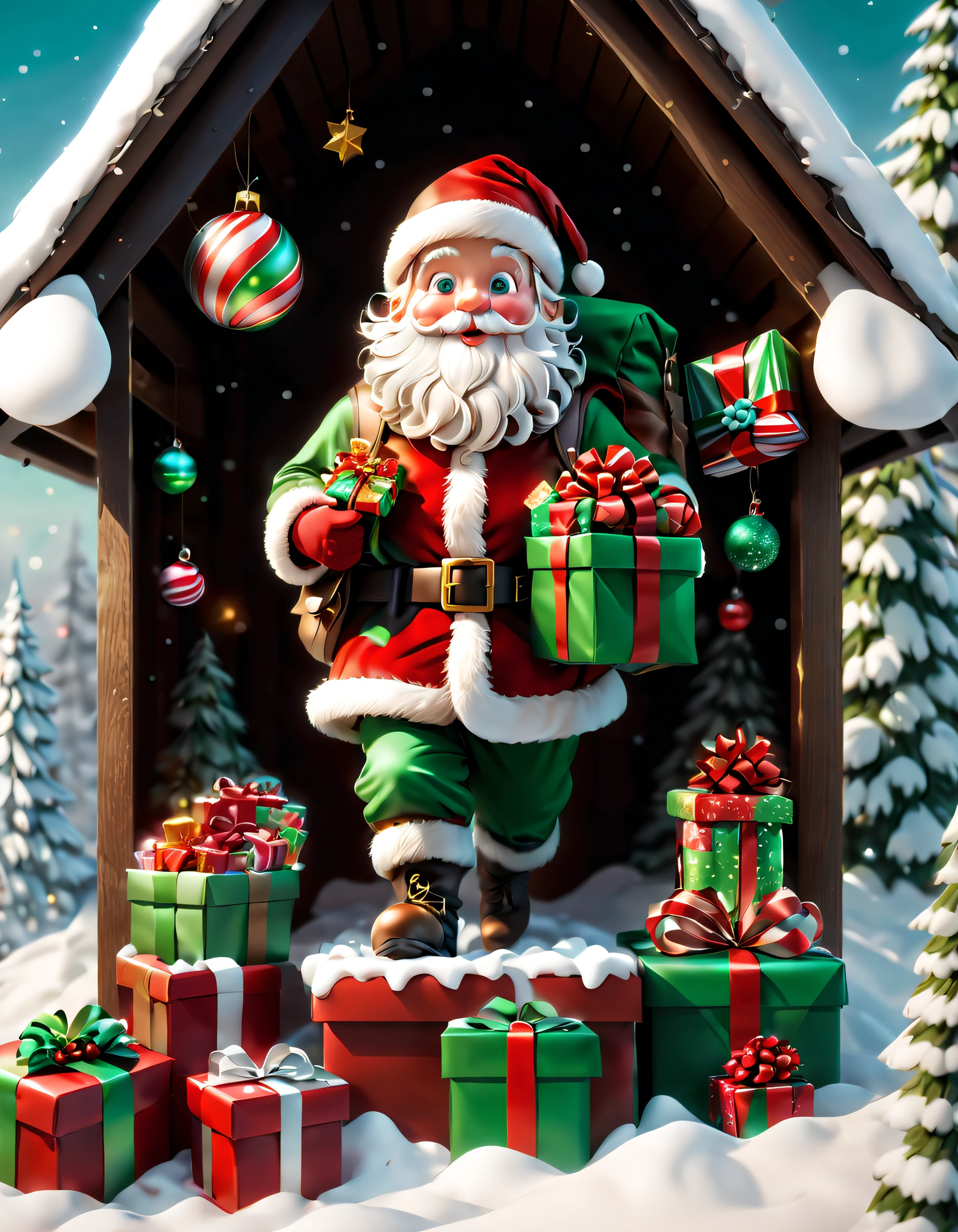 (((Cute Santa Claus carrying a backpack,It contains gifts and a bag of sweets,Standing inside an open gift box))),Robin perched overhead,Christmas elements,illustratio,3Drenderingof,snow covered ground,festive decorations,candy wrapperestival clothing quality,8K,A high resolution,tmasterpiece:1.2),ultra - detailed,フォトリアリスティック,Studio lights up,Extremely detailed description,professional,vibrant with colors,Christmas theme,Winter wonderland,节日illustratio,vibrant with colors,Princess Snow White,Festive red and green,Warm and cozy Christmas lights