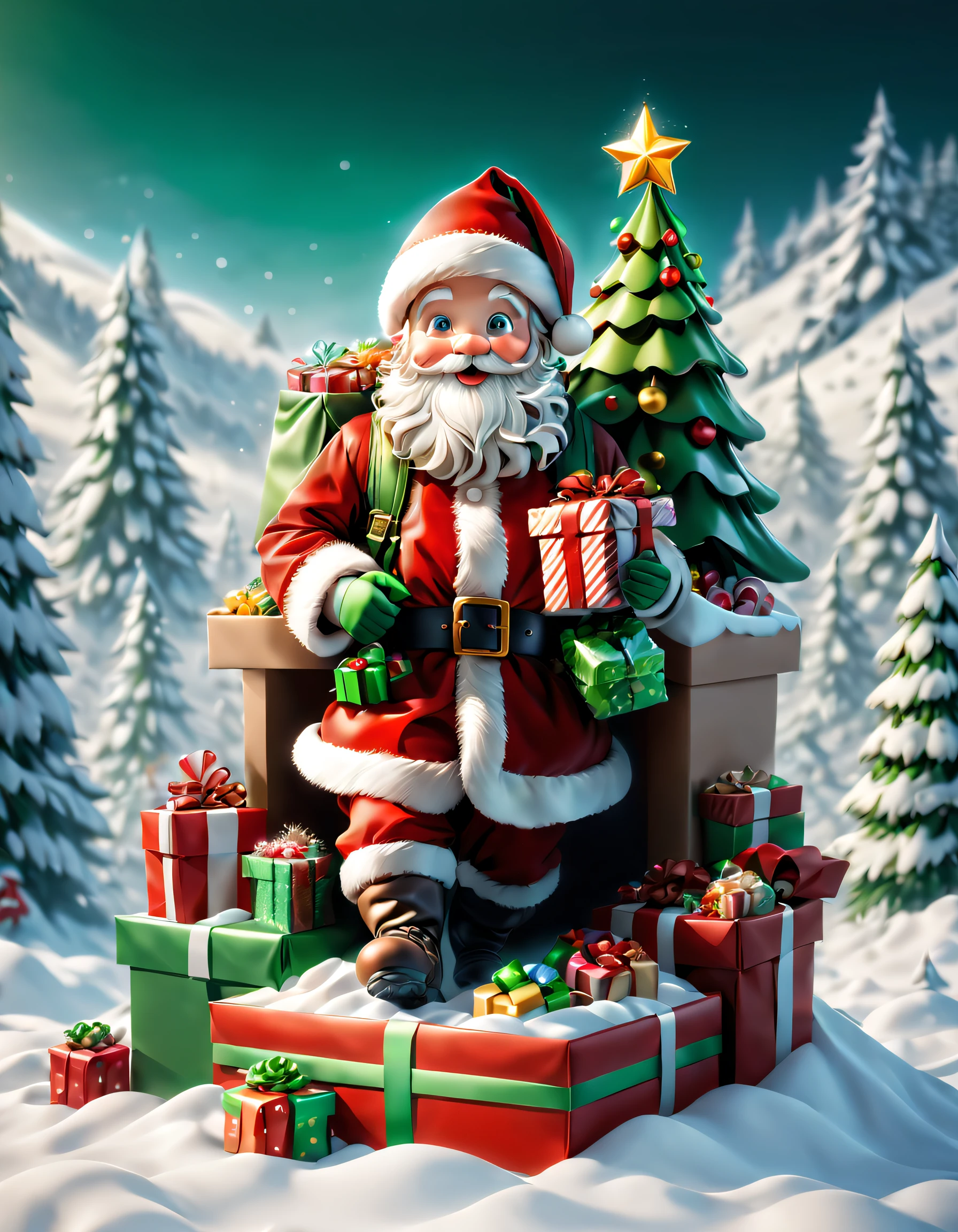 (((Cute Santa Claus carrying a backpack,It contains gifts and a bag of sweets,Standing inside an open gift box))),Robin perched overhead,Christmas elements,illustratio,3Drenderingof,snow covered ground,festive decorations,candy wrapperestival clothing quality,8K,A high resolution,tmasterpiece:1.2),ultra - detailed,フォトリアリスティック,Studio lights up,Extremely detailed description,professional,vibrant with colors,Christmas theme,Winter wonderland,节日illustratio,vibrant with colors,Princess Snow White,Festive red and green,Warm and cozy Christmas lights