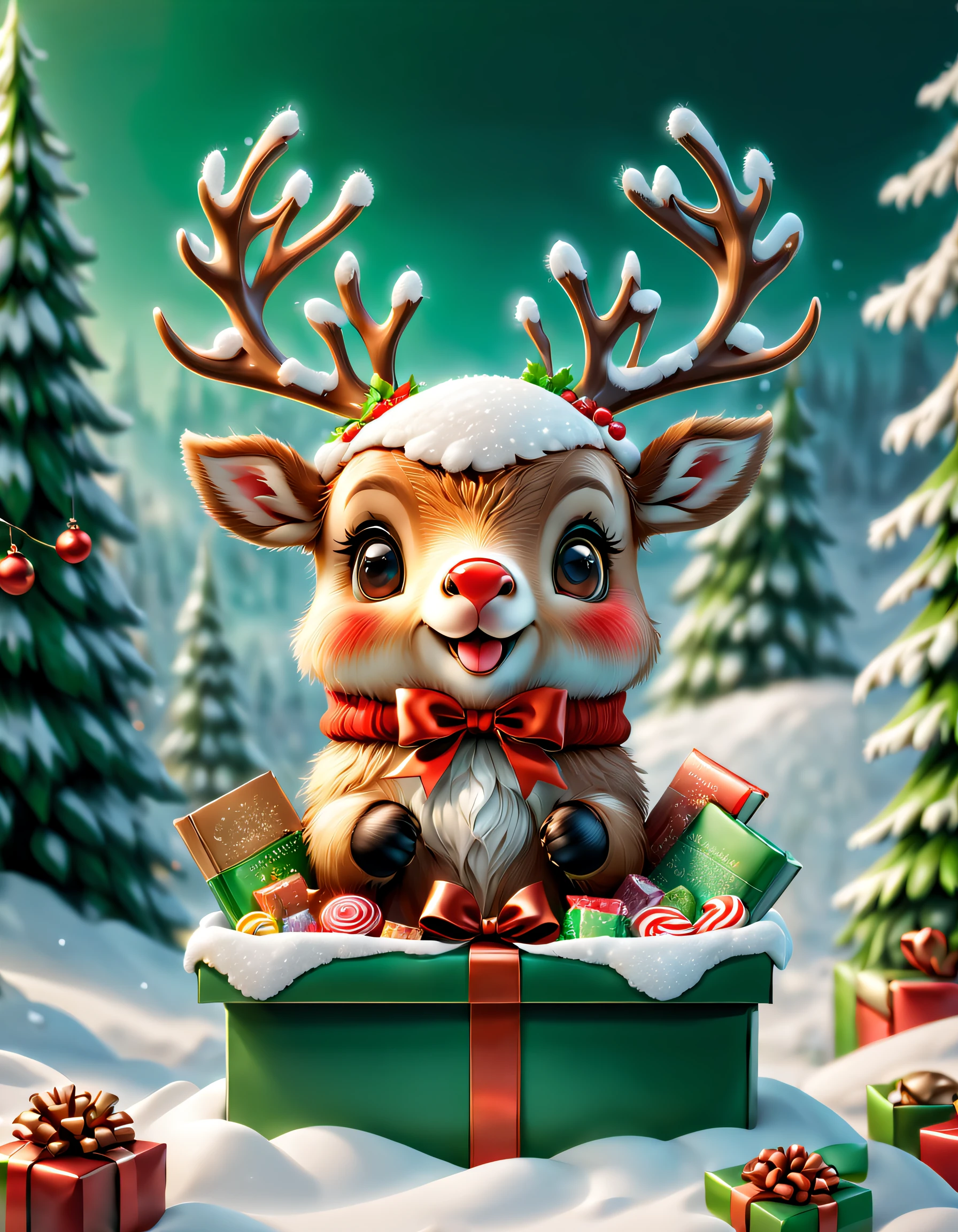 （（（Cute elk holding a book and bag of candy，Standing inside an open gift box））），Robin perched overhead，Christmas elements，illustratio，3Drenderingof，snow covered ground，festive decorations，candy wrapperestival clothing quality，8K，A high resolution，tmasterpiece：1.2），ultra - detailed，フォトリアリスティック，Studio lights up，Extremely detailed description，professional，vibrant with colors，Christmas theme，Winter wonderland，节日illustratio，vibrant with colors，Princess Snow White，Festive red and green，Warm and cozy Christmas lights