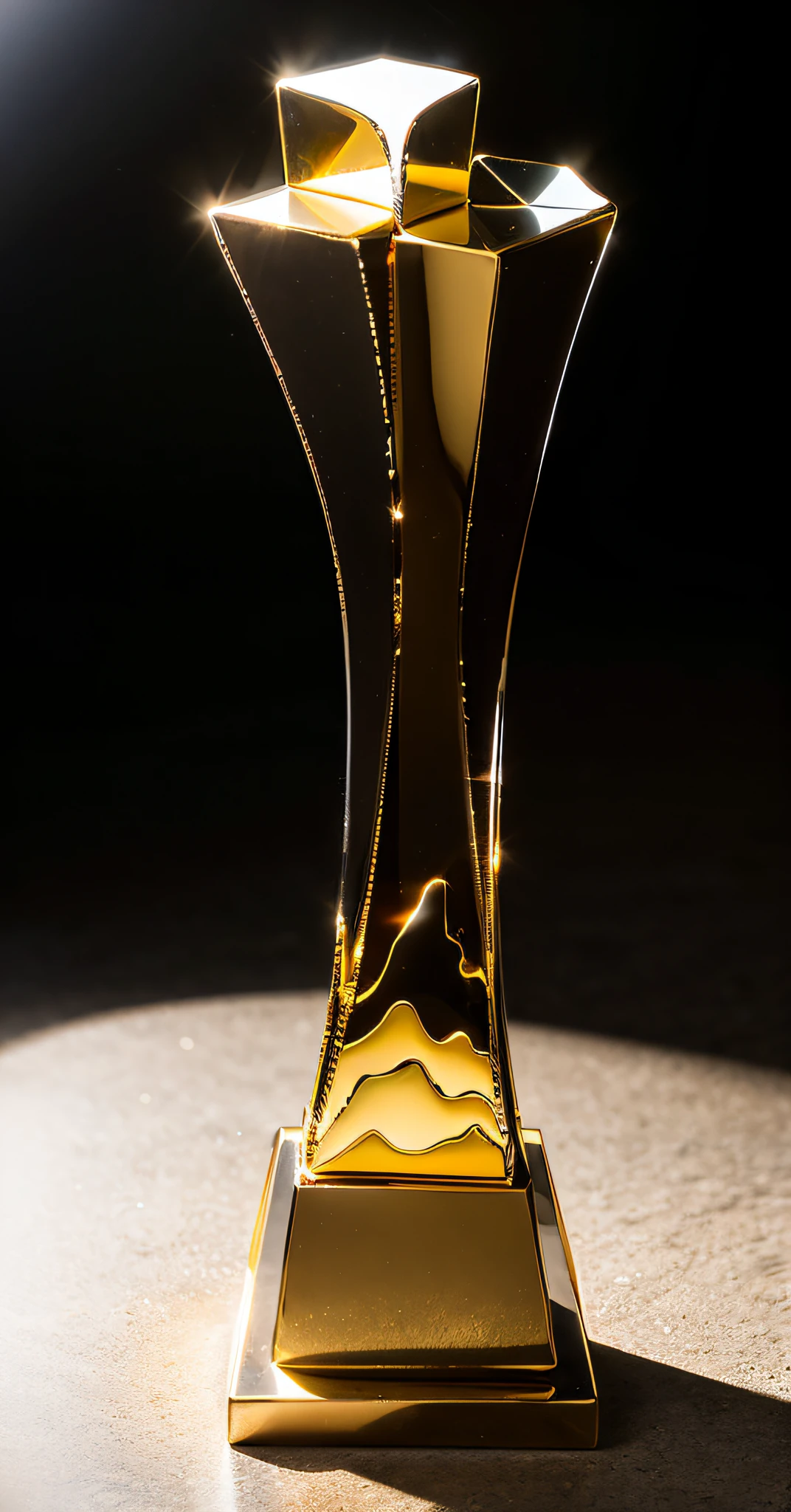 A polished golden trophy lies on a stone table, White cement wall in background, Side lighting, True reflection。shot from bird'Eye view, Show the nobility and glory of the trophy。The composition is symmetrical、with clean lines, vibrant with colors。golden trophy sparkling, Presenting strong visual impact and heart-warming emotions。using a wide angle lens, The effect is remarkable, Enhanced the presence of trophies。