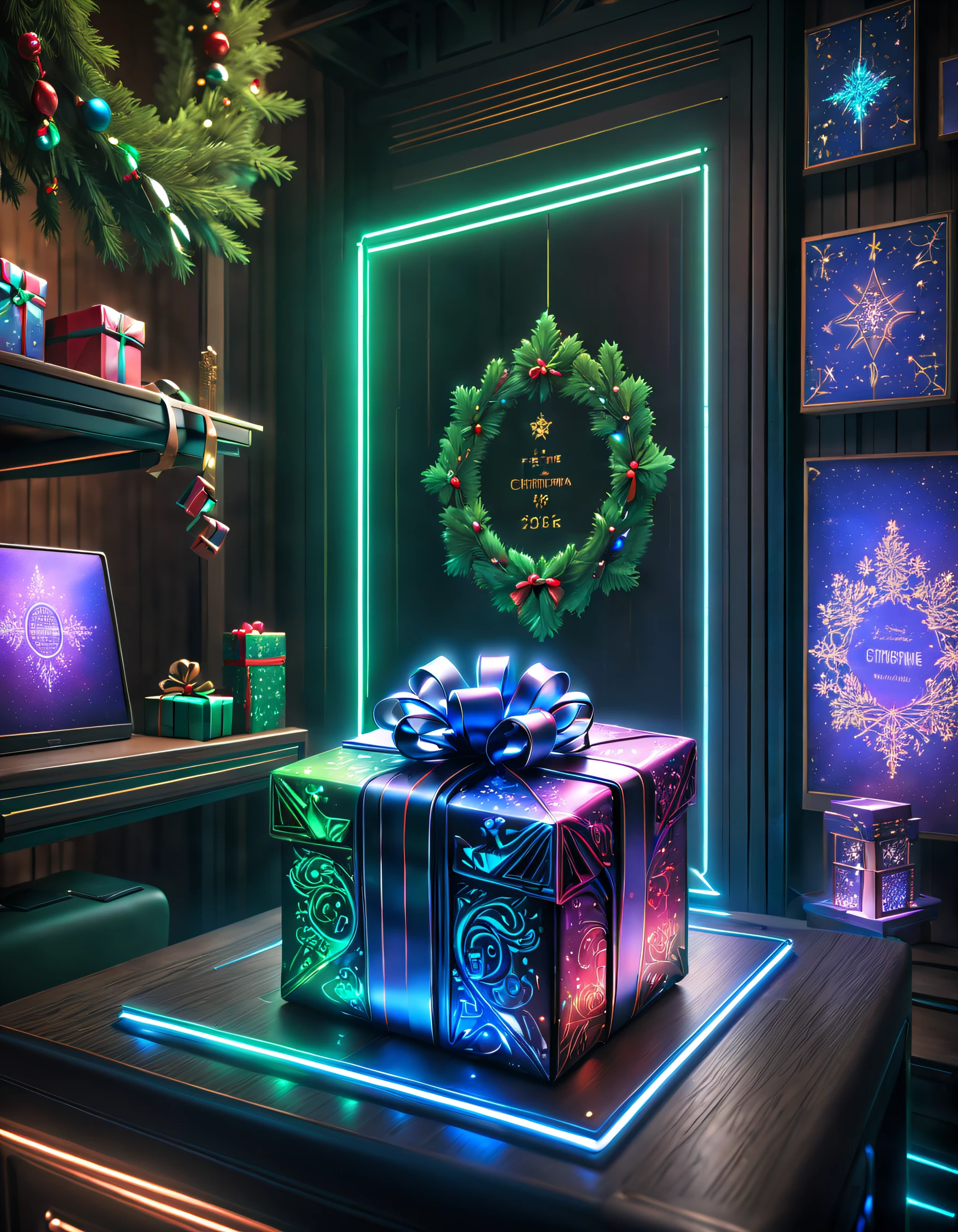(((1件传统和未来融合的Christmas gifts))),(cyberpunk gifts),(Christmas gifts、glowing gift)、Gifts in the cyberpunk room、(future gift、The future of packaging)、Gifts in neon room、gift with luminous pattern、Cyberpunk style gift packaging、future gift、Christmas gifts,(未来和传统的Christmas gifts元素无缝融合,Seamless blend of old and new),NOhumaniligrees的细节,elegant and charming,The is very detailed,unreal-engine,Render by Octane,computer graphics image processing,natural,Clear public areailigrees,Smoothness,gentlesoftlighting,(concept-art,hyper HD,art station antasyart,An epic sight,Intricate patterns,Complicated details,超filigrees的绘画,physically-based renderingt,Extremely detailed description,professional,hyper realisitc,beyond human imagination,spectacular lighting,Art site is popular,unreal-engine,Global,Best quality at best,8K,A high resolution,tmasterpiece,ultra - detailed,realistically,1.Realism increased by 4 times)