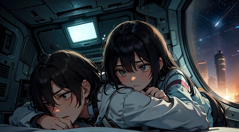 a teenager girl cuddling with an emo teenager guy in bed, space, space ship, futuristic, bed, bedroom, cuddling, hugging