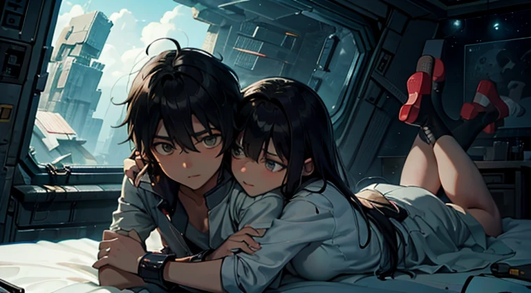a naked ager girl cuddling with an emo teen guy in bed, space, space ship, futuristic, bed, bedroom, cuddling, hugging