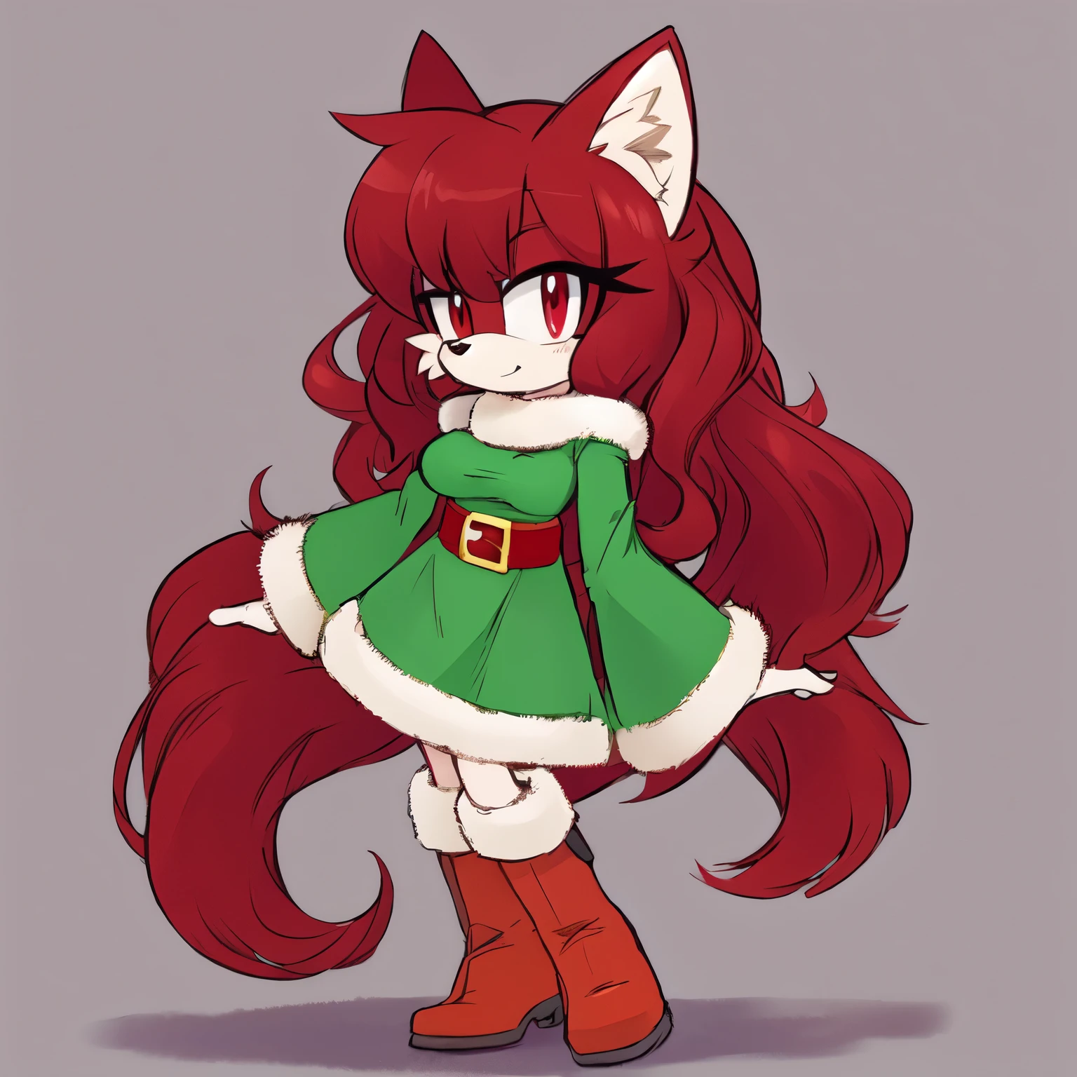 Female, Mobian, Fox, leaning forward, (((2D Anime Style))), (solo), (1girl), high quality digital art, red and black neon lines sketch art, winter like background, a dark crimson furred female anthropomorphic Fox, has red eyes, (((dark crimson fur))), (((VERY long and wavy dark crimson hair))), (large and long hair bangs), wispy lines, shoulder less long sleeve Christmas dress, boots with fuzzy cuffs, sleeves with fuzzy cuffs, dress with fuzzy trims, average sized breasts, (facing viewer)