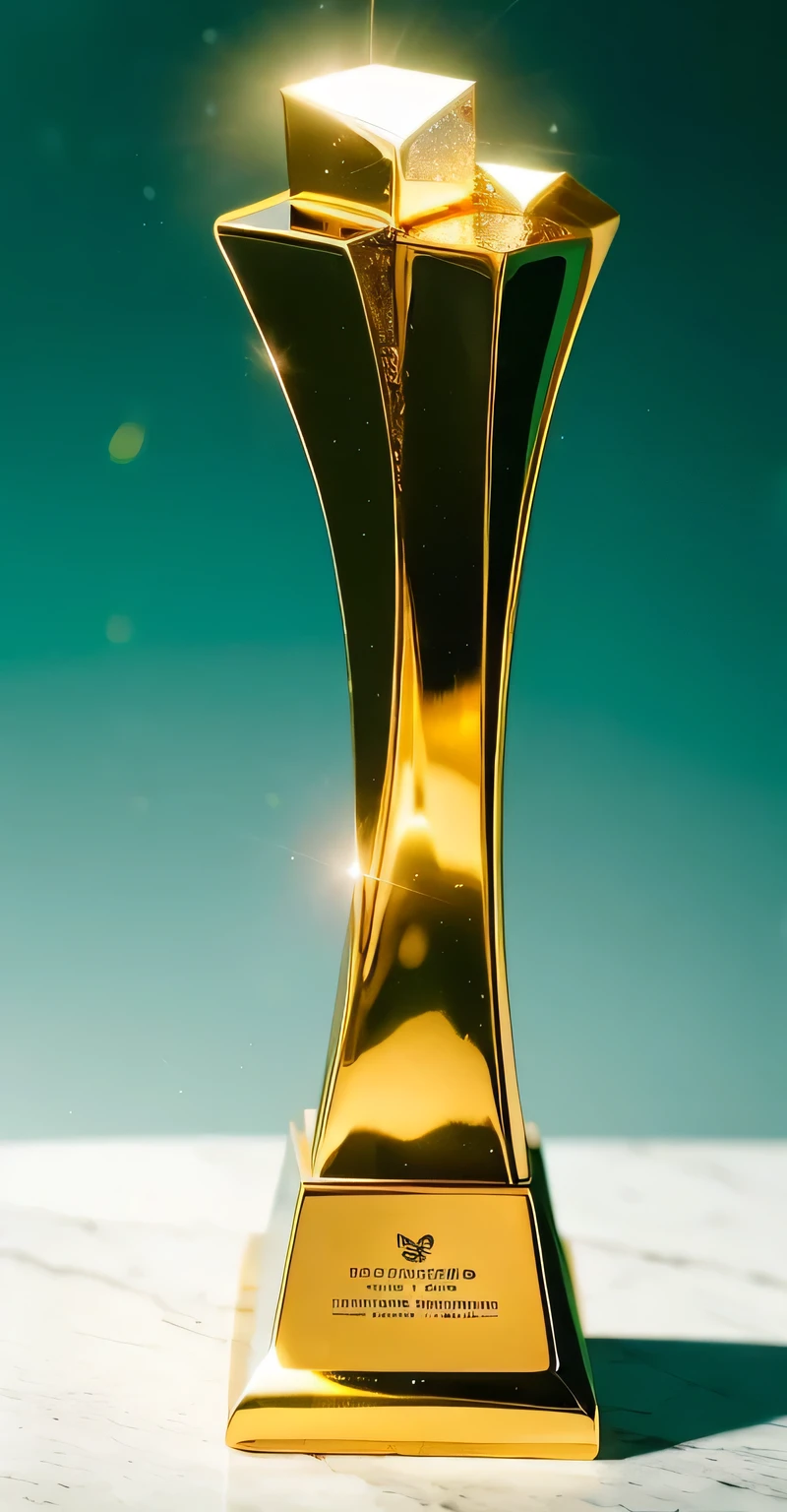 A polished golden trophy lies on a stone table, White cement wall in background, Side lighting, True reflection。shot from bird'Eye view, Show the nobility and glory of the trophy。The composition is symmetrical、with clean lines, vibrant with colors。golden trophy sparkling, Presenting strong visual impact and heart-warming emotions。using a wide angle lens, The effect is remarkable, Enhanced the presence of trophies。