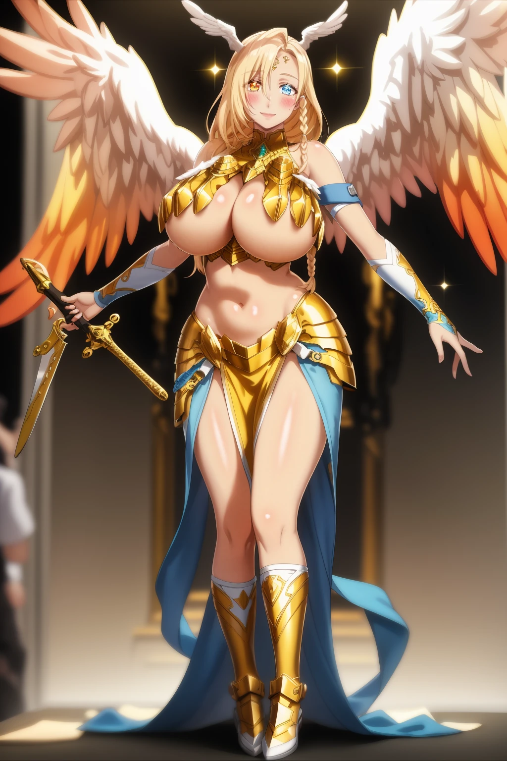 (masterpiece, best quality, highly detailed), 1girl, sarielx, heterochromia, braided ponytail, braided bangs, dramatic lighting, god rays, gold armor, underboob, gold skirt, gold boots, angel wings, head wings, cathedral, vitril, stained glass, standing, angel, wings, full body, feet,Gothic art, Renaissance, glowing light, god rays, blurry, sparkle, motion blur, depth of field, chiaroscuro, cinematic lighting, chromatic aberration, backlighting, bloom, blending, UHD, retina, masterpiece, ccurate, anatomically correct, textured skin, super detail, high details, high quality, award winning, best quality, highres, pullover, pants, sword holding, smile, happy, blush