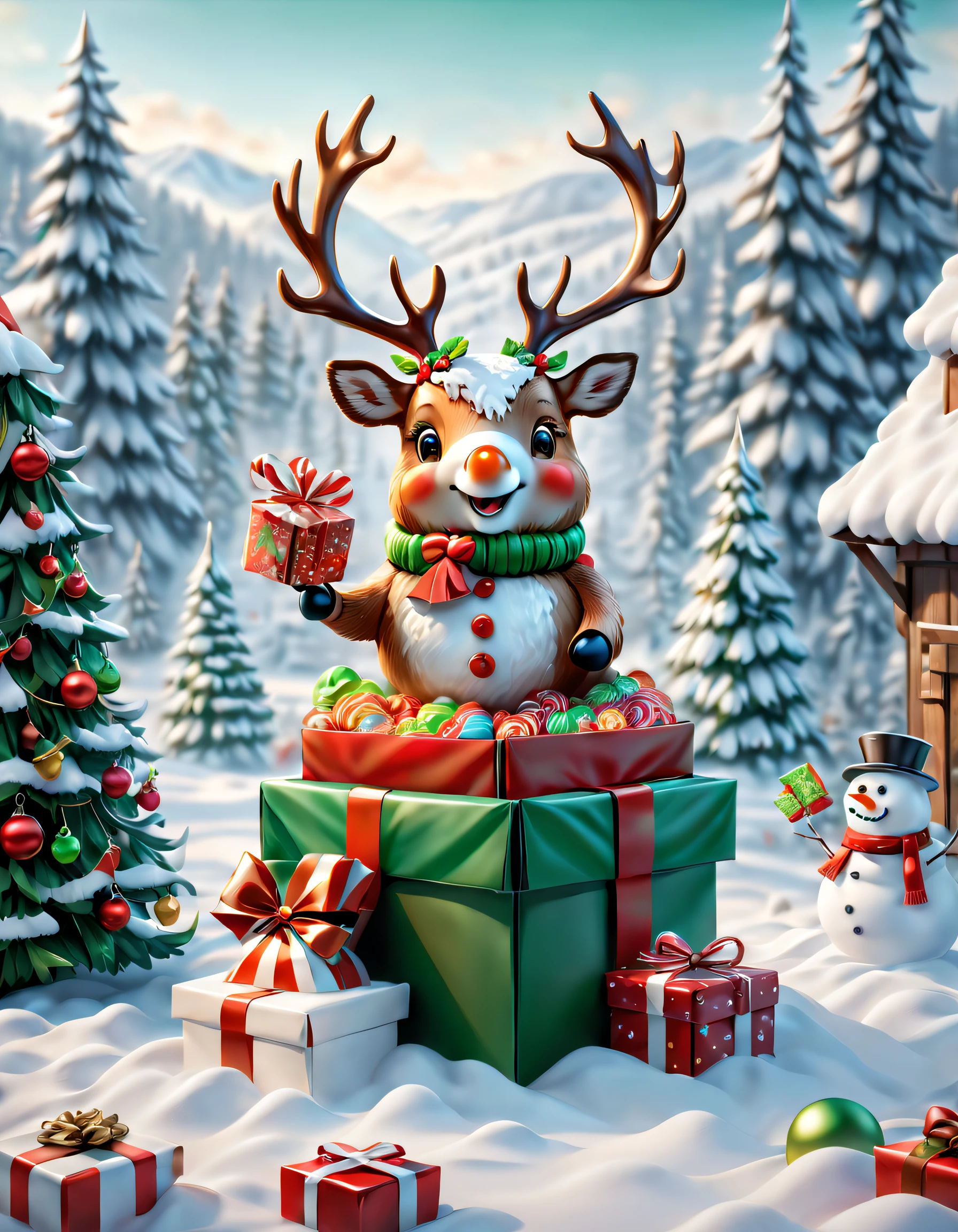 (((Cute elk holding a book and bag of candy,Standing inside an open gift box))),Robin perches on the snowman'heads,Christmas elements,illustratio,3Drenderingof,snow covered ground,festive decorations,candy wrapperestival clothing quality,8K,A high resolution,tmasterpiece:1.2),ultra - detailed,フォトリアリスティック,Studio lights up,Extremely detailed description,professional,vibrant with colors,Christmas theme,Winter wonderland,节日illustratio,vibrant with colors,Princess Snow White,Festive red and green,Warm and cozy Christmas lights
