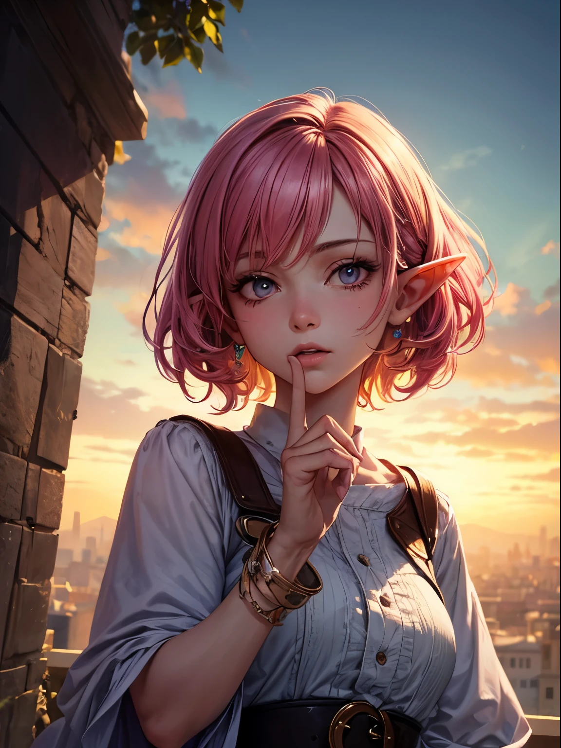 (Masterpiece) topquality, Ultra-detailed, portrait of mysterious girl with pink hair, wavy short hair, elf, holds a finger to his lips, High-resolution display, art by Alphonse Mucha, Realistic lighting and shadows, Breathtaking