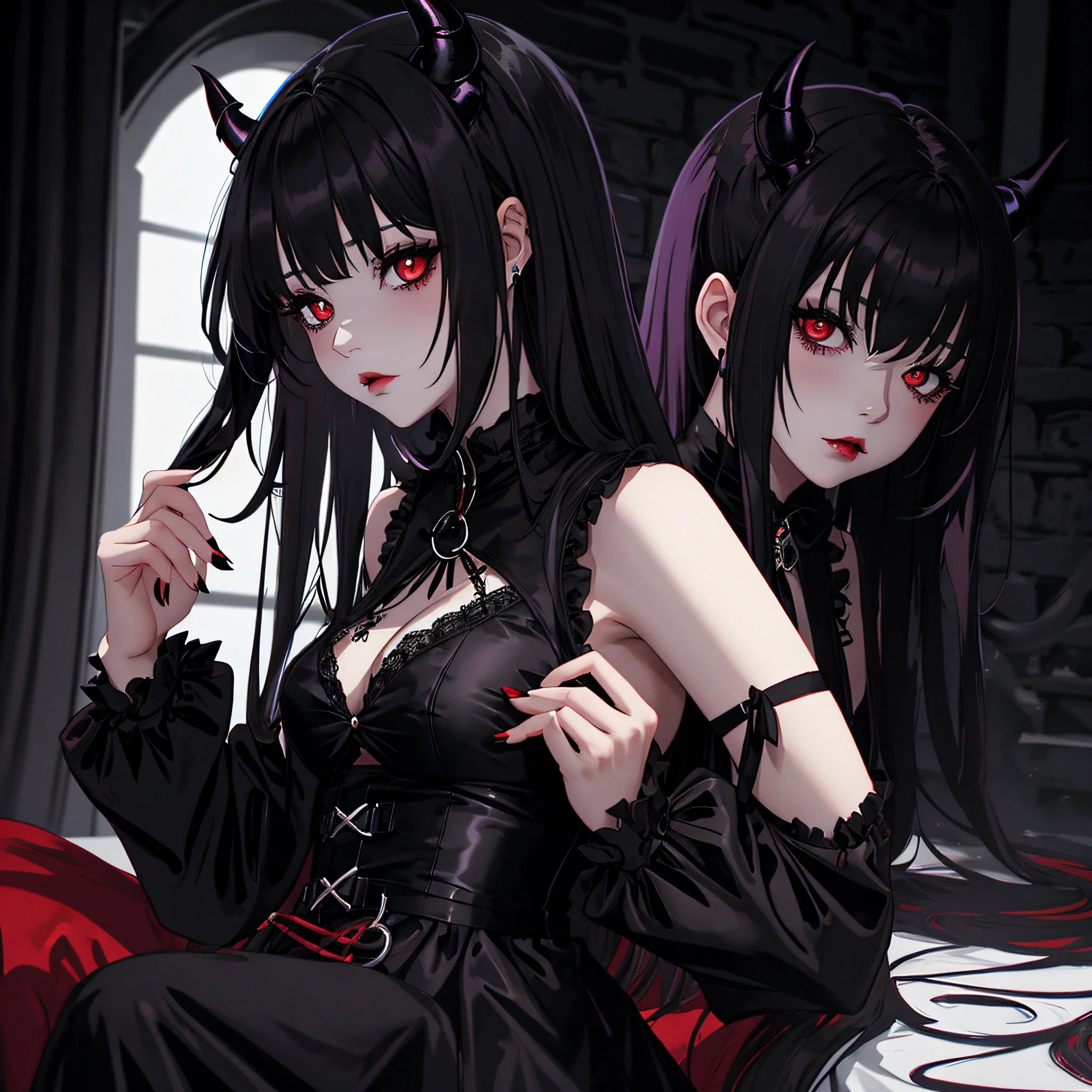 a high resolution, masterpiece, Very detailed, detailed eyes, Two girls, twins, Very long hair,white and black hair, blue and scarlet eyes, flat chest, Long sleeves, white stockings, bare chest, naked torso, full length, Red shoes, Front angle, 